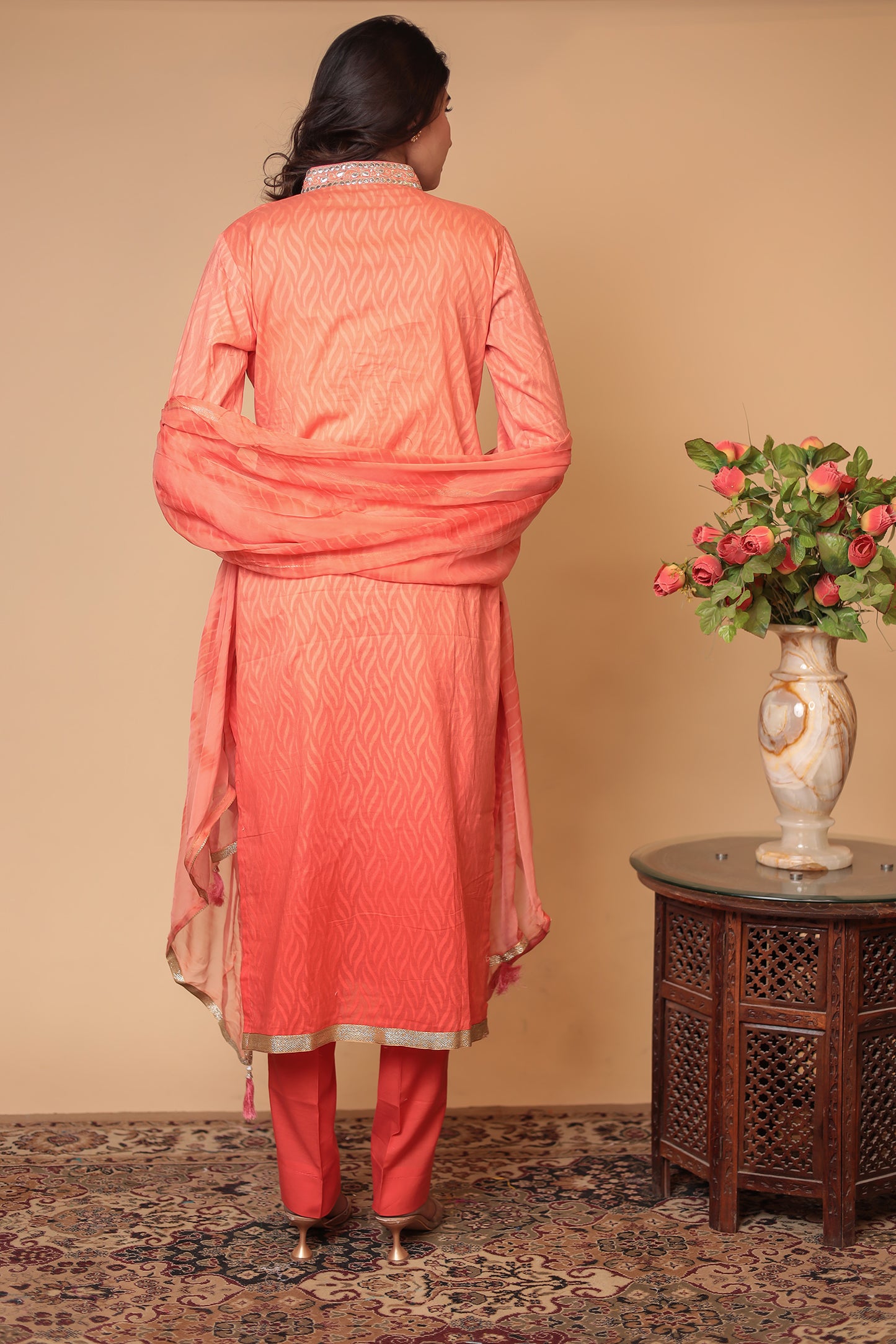 Peach Pure Chanderi Silk Suit Set – Elegant Straight Kurta with Pants & Dupatta