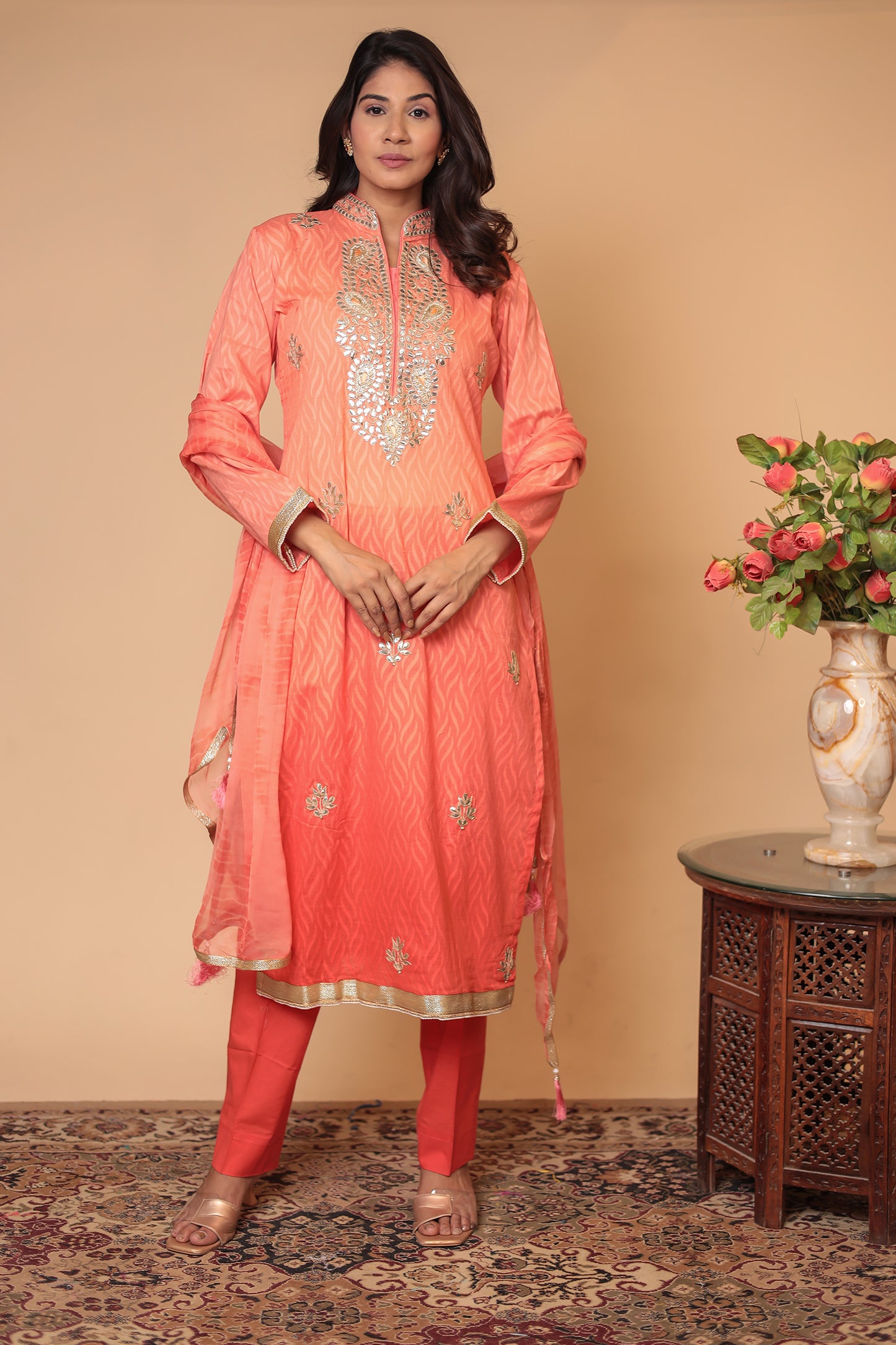 Peach Pure Chanderi Silk Suit Set – Elegant Straight Kurta with Pants & Dupatta