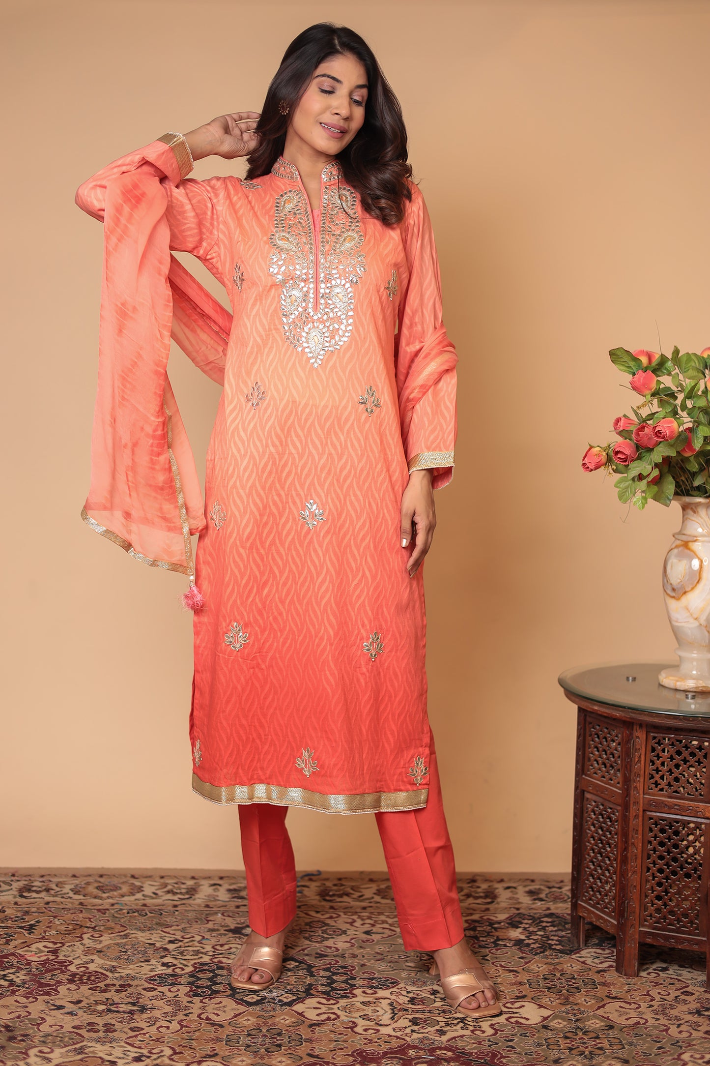 Peach Pure Chanderi Silk Suit Set – Elegant Straight Kurta with Pants & Dupatta