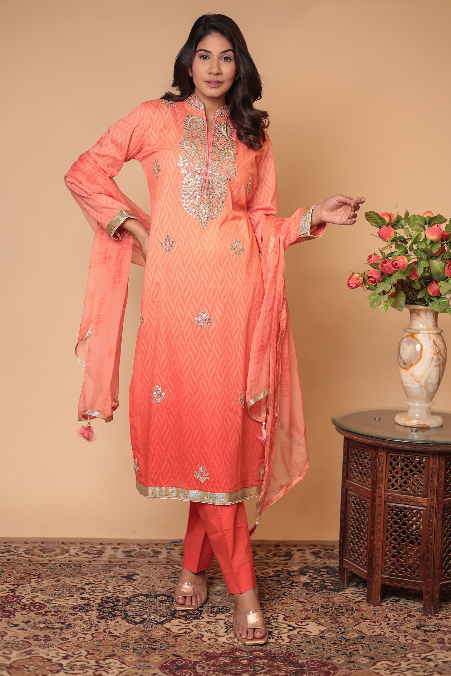 Peach Pure Chanderi Silk Suit Set – Elegant Straight Kurta with Pants & Dupatta