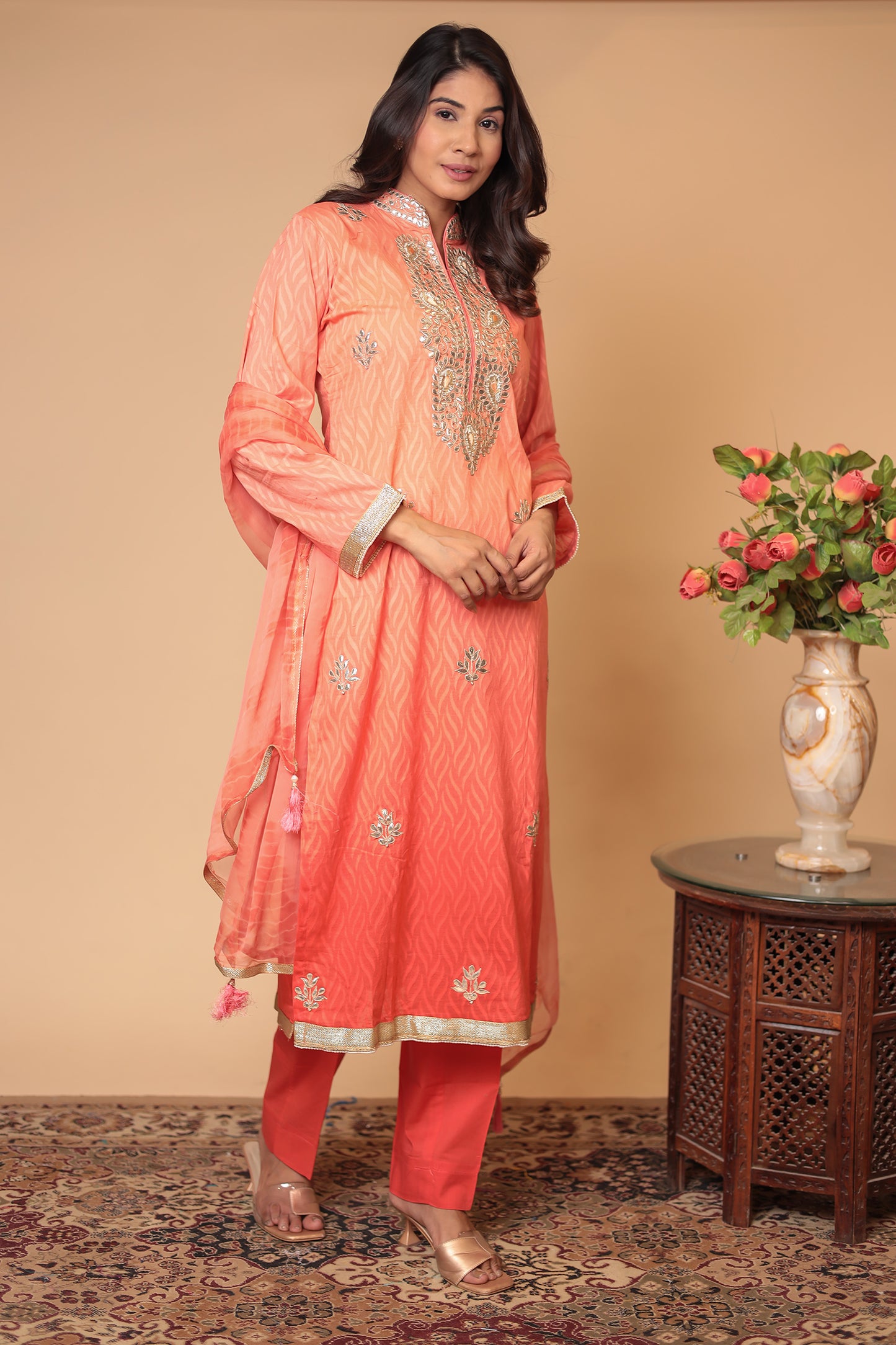 Peach Pure Chanderi Silk Suit Set – Elegant Straight Kurta with Pants & Dupatta