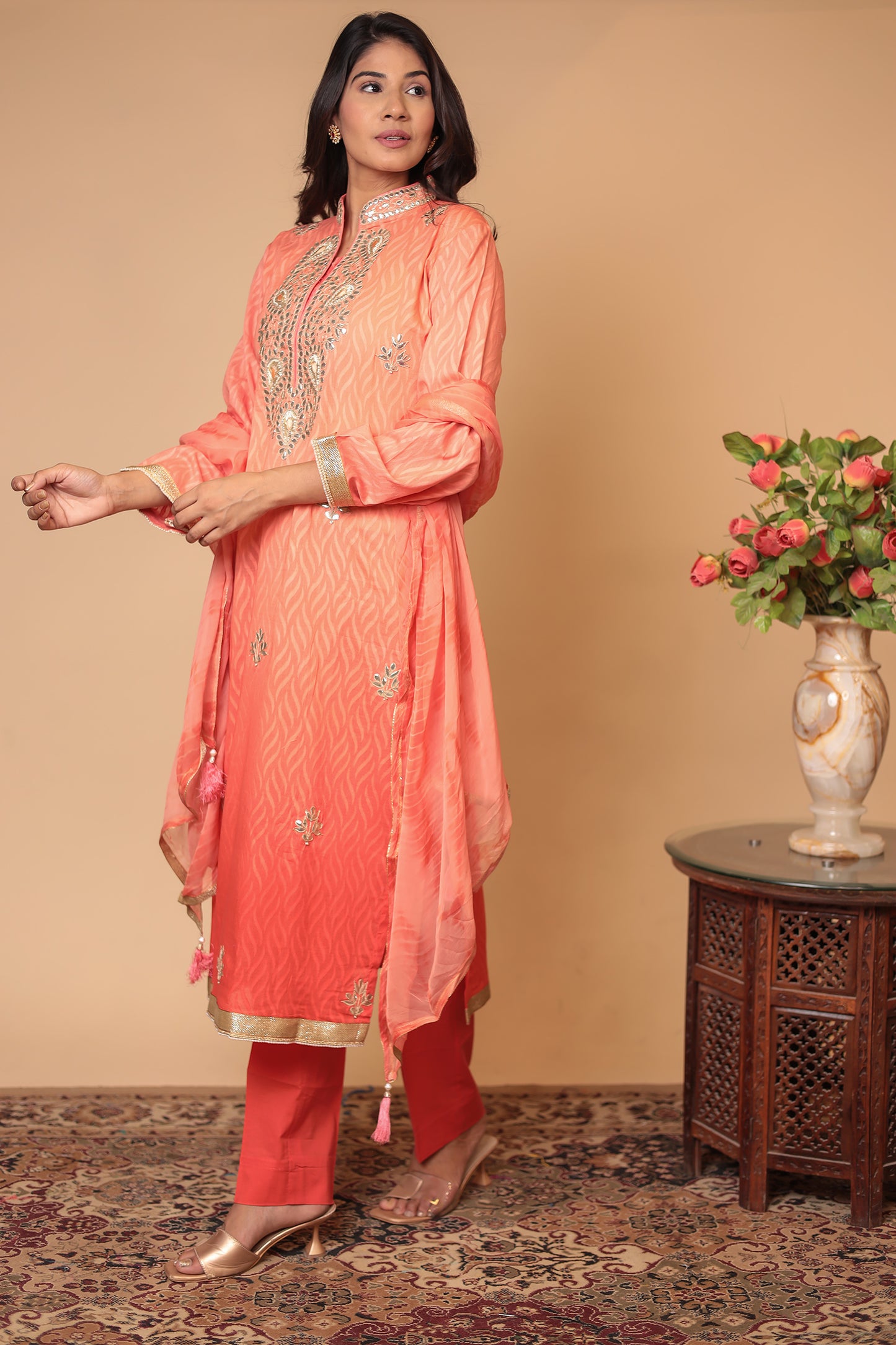 Peach Pure Chanderi Silk Suit Set – Elegant Straight Kurta with Pants & Dupatta