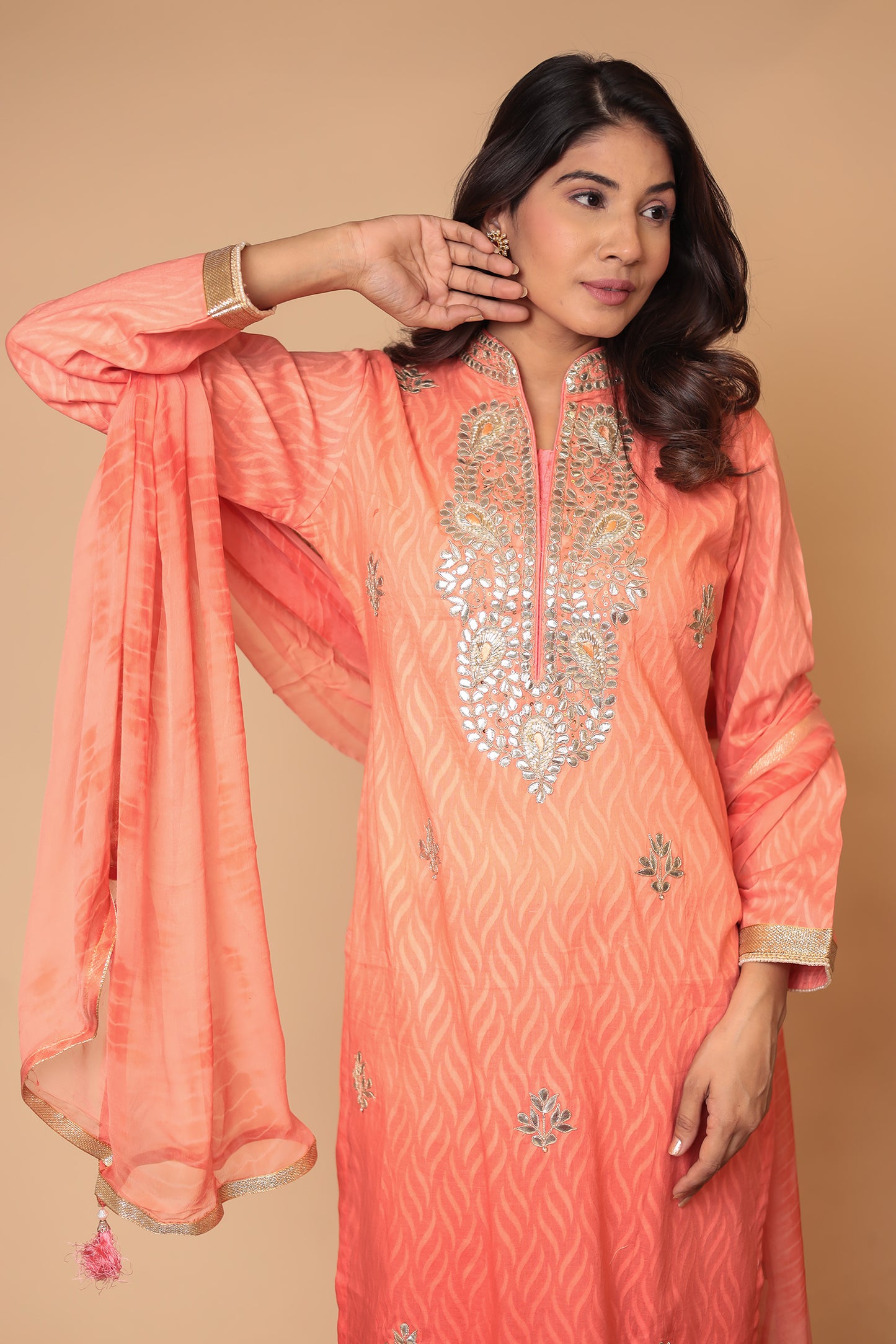 Peach Pure Chanderi Silk Suit Set – Elegant Straight Kurta with Pants & Dupatta