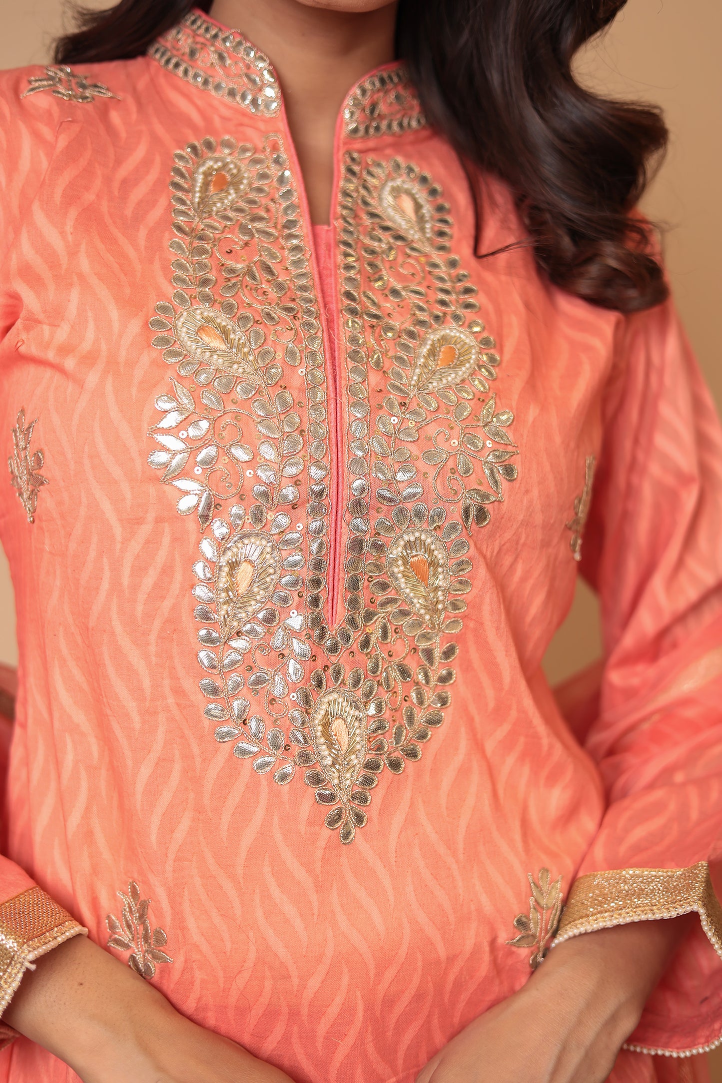 Peach Pure Chanderi Silk Suit Set – Elegant Straight Kurta with Pants & Dupatta