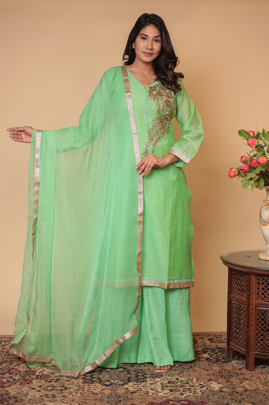 Green Chanderi Silk Embroidered Sharara Set: Traditional Indian Outfit