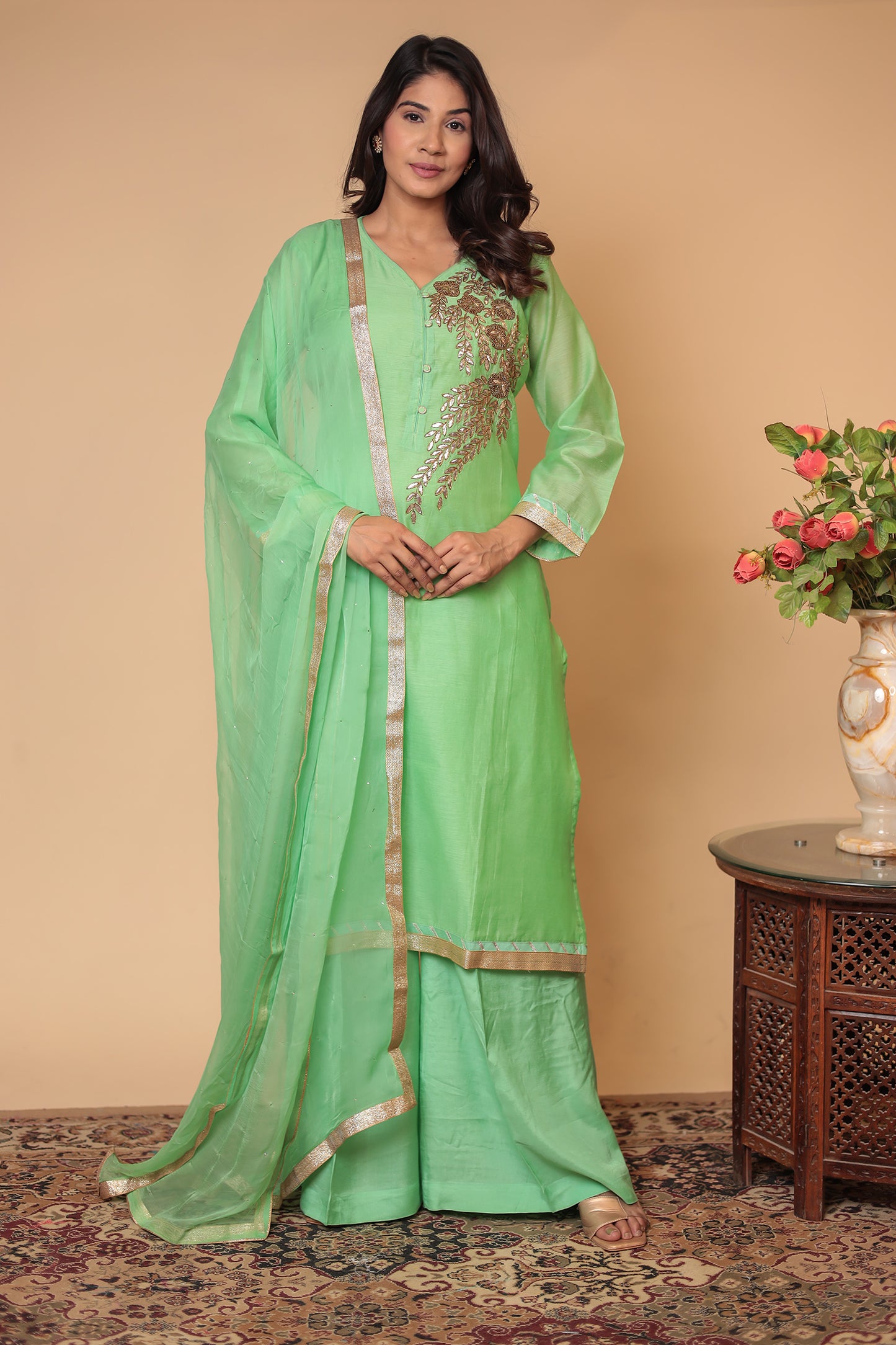 Green Chanderi Silk Embroidered Sharara Set: Traditional Indian Outfit