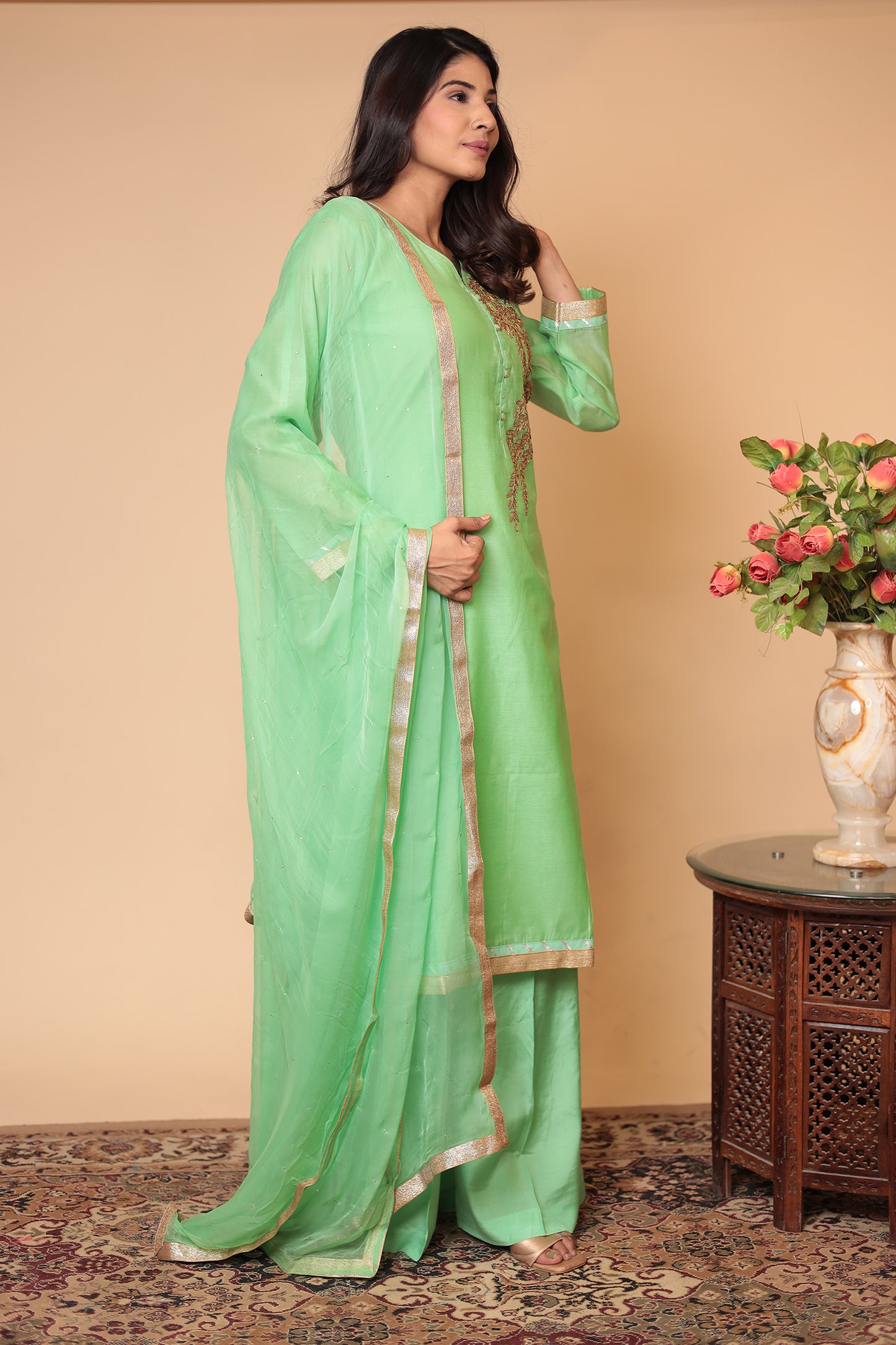Green Chanderi Silk Embroidered Sharara Set: Traditional Indian Outfit