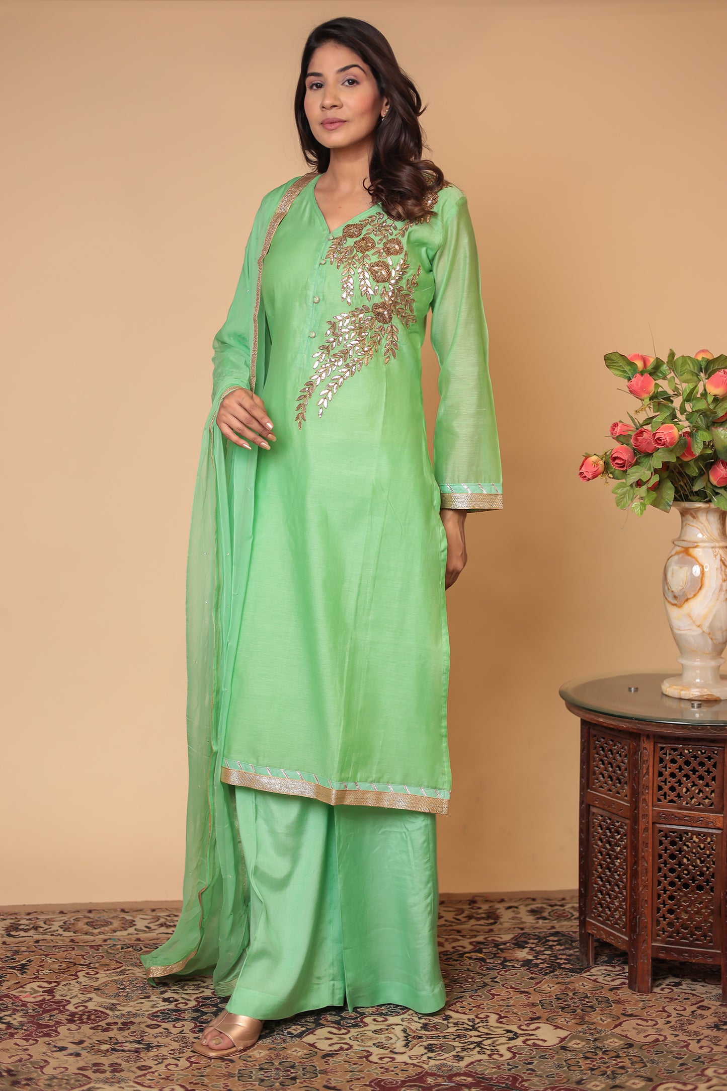 Green Chanderi Silk Embroidered Sharara Set: Traditional Indian Outfit