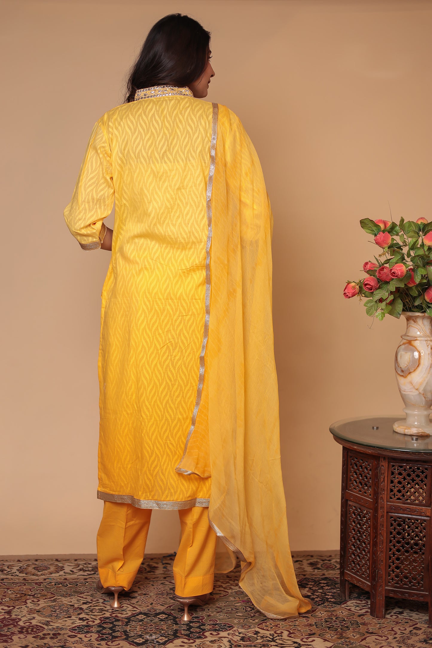 Pure Chanderi Silk Yellow Straight Kurta Set, Mirror Work Kurta with Pants & Dupatta