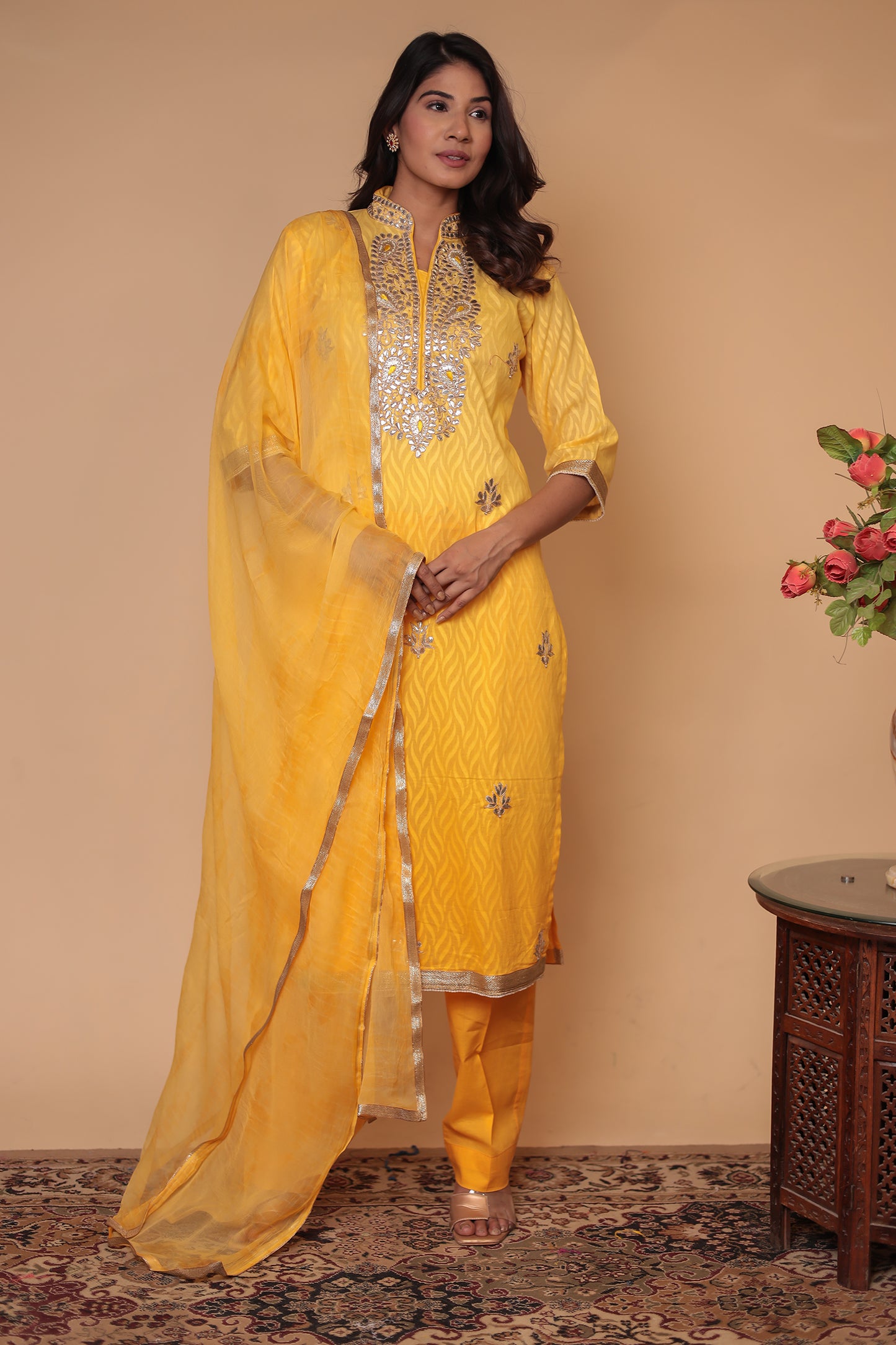 Pure Chanderi Silk Yellow Straight Kurta Set, Mirror Work Kurta with Pants & Dupatta