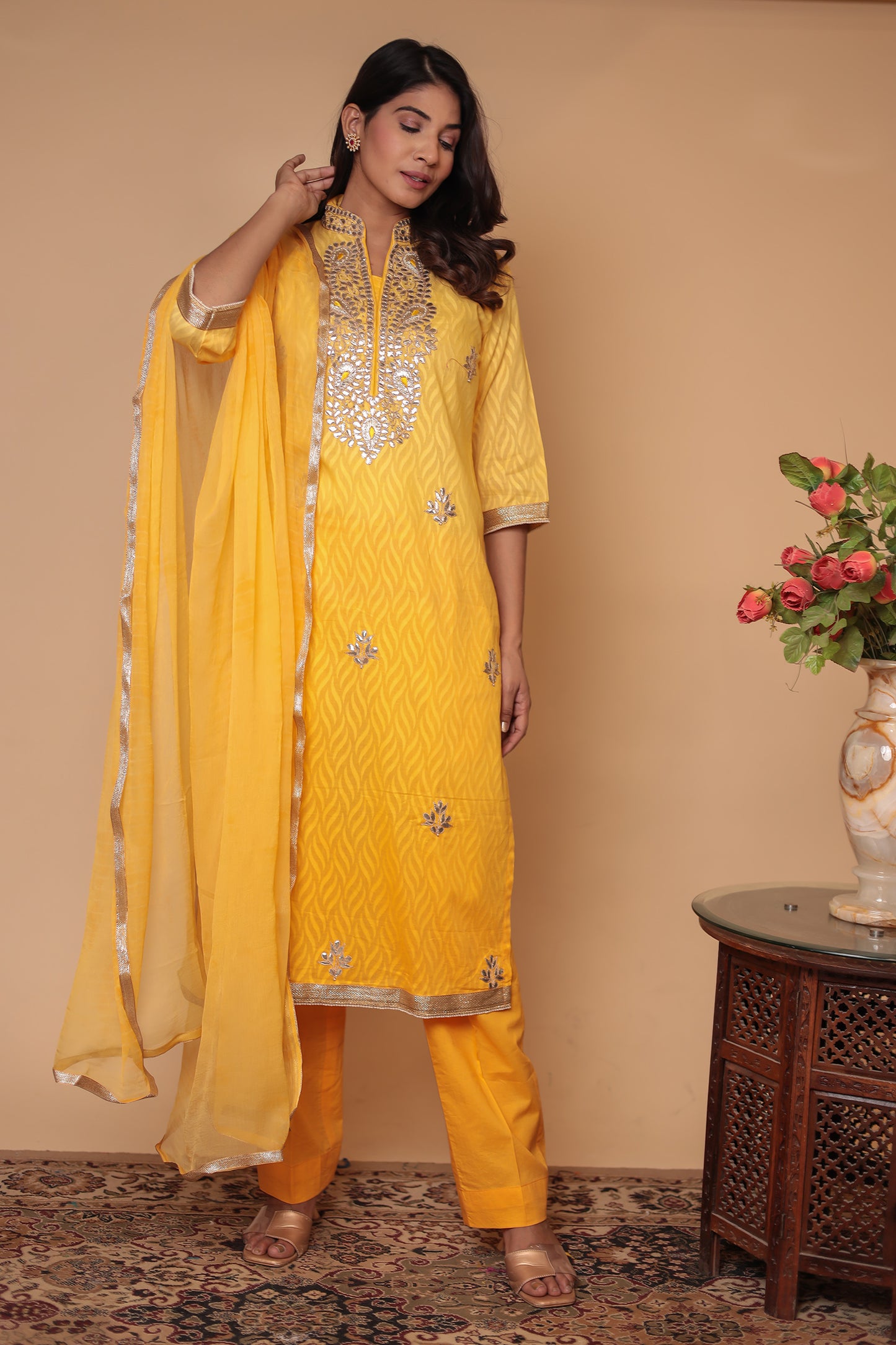 Pure Chanderi Silk Yellow Straight Kurta Set, Mirror Work Kurta with Pants & Dupatta