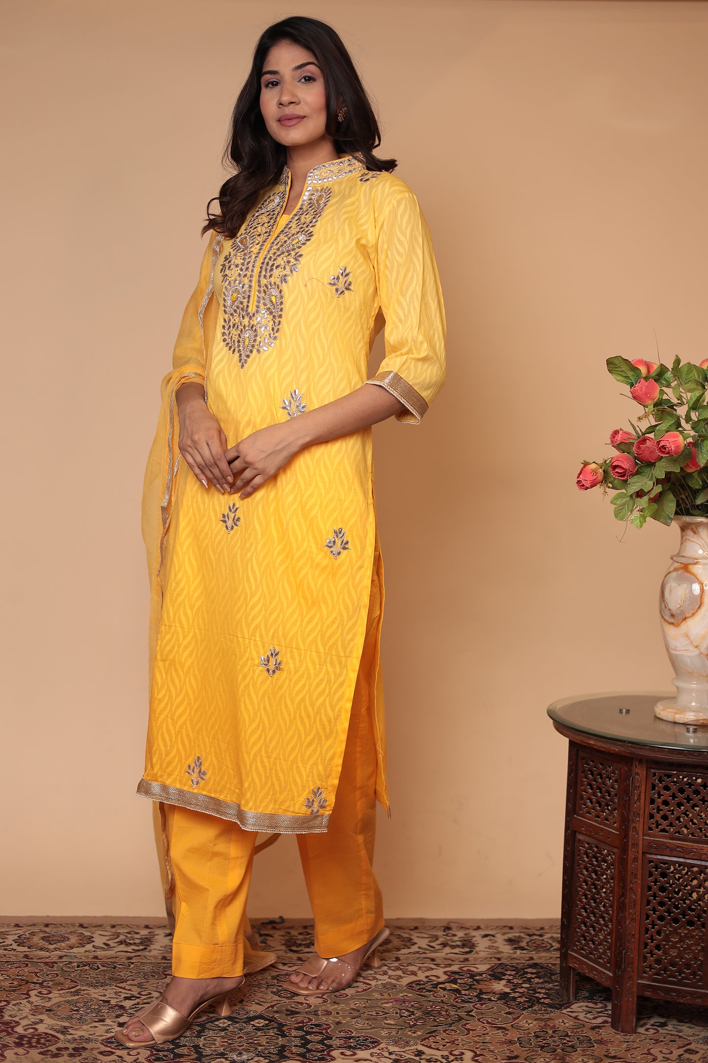 Pure Chanderi Silk Yellow Straight Kurta Set, Mirror Work Kurta with Pants & Dupatta