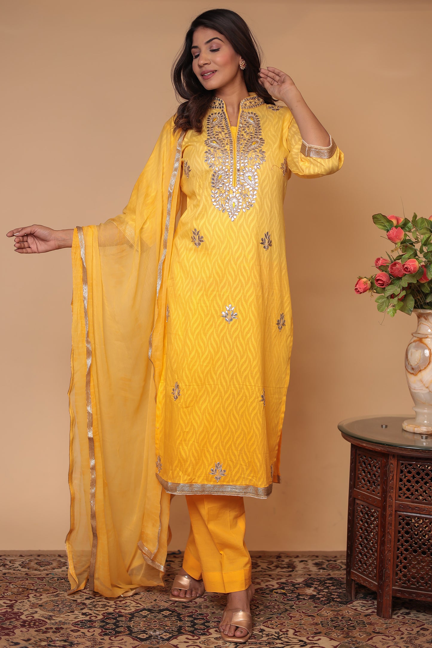Pure Chanderi Silk Yellow Straight Kurta Set, Mirror Work Kurta with Pants & Dupatta