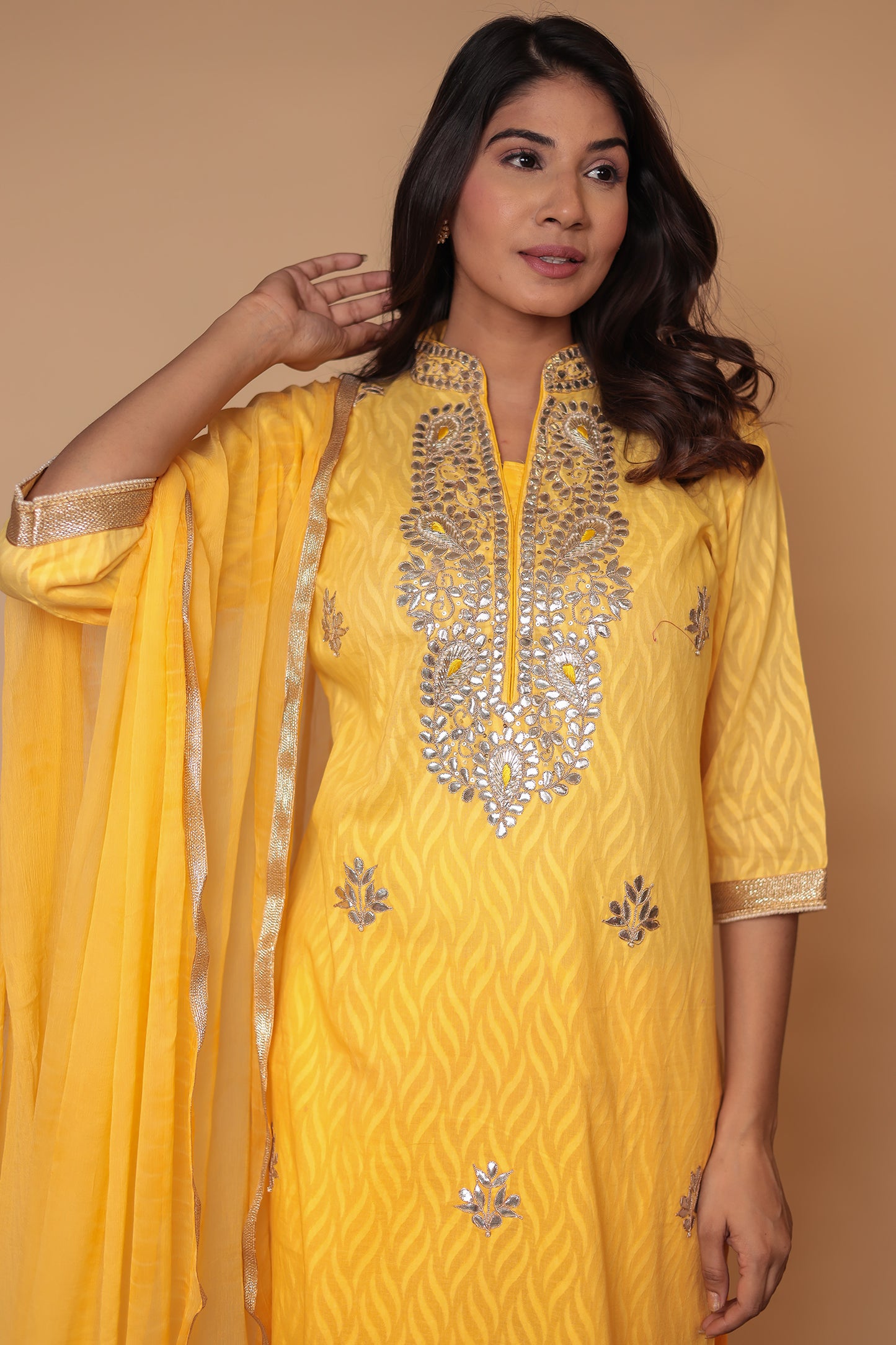 Pure Chanderi Silk Yellow Straight Kurta Set, Mirror Work Kurta with Pants & Dupatta