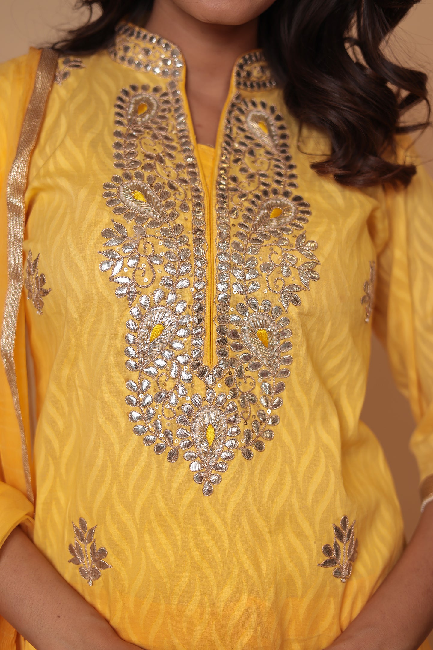 Pure Chanderi Silk Yellow Straight Kurta Set, Mirror Work Kurta with Pants & Dupatta