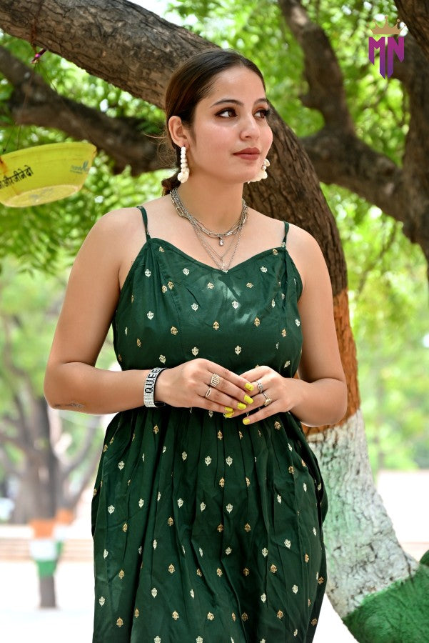 Women’s Green Cotton Maxi Dress | Sleeveless Golden Printed Long Dress