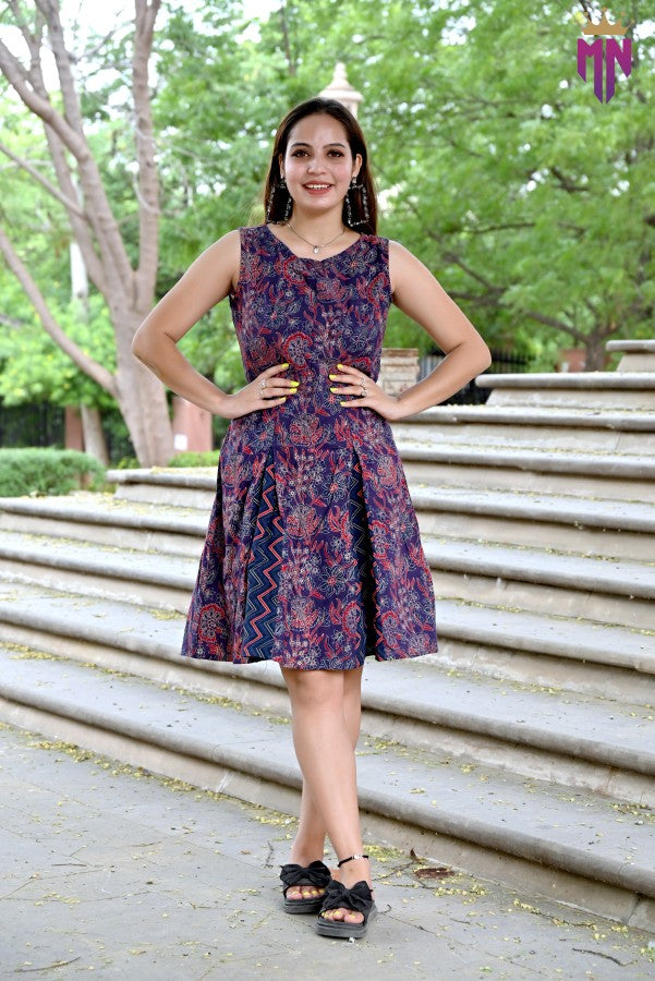 Women’s Cotton A-Line Dress | Sleeveless Printed Knee-Length Dress