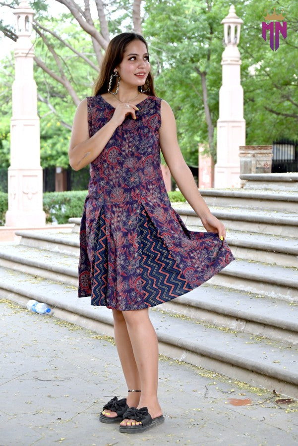 Women’s Cotton A-Line Dress | Sleeveless Printed Knee-Length Dress