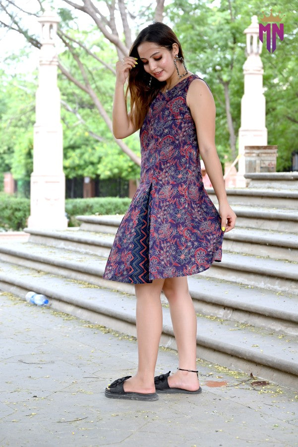 Women’s Cotton A-Line Dress | Sleeveless Printed Knee-Length Dress