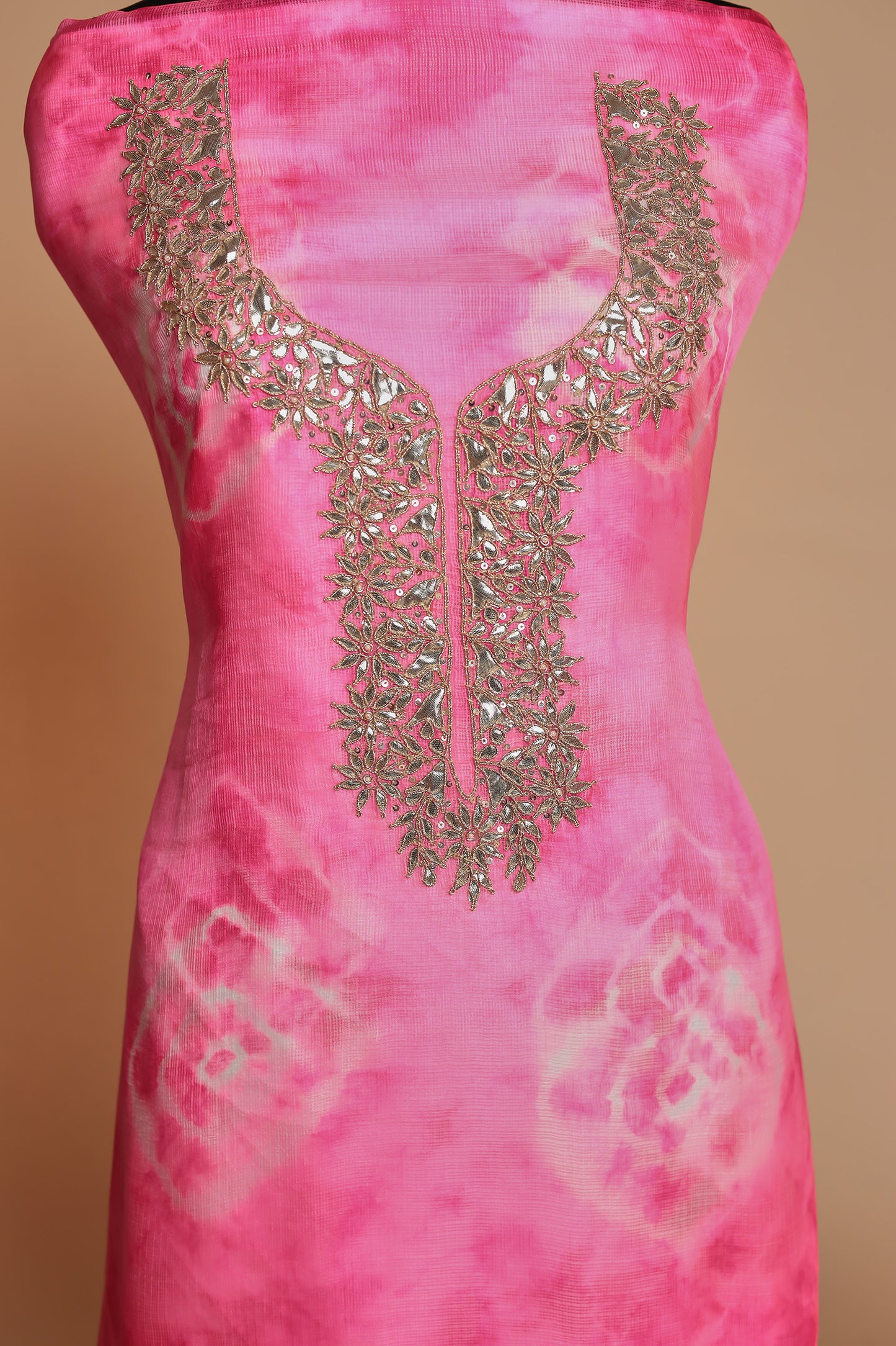 Light Pink Silk Blend suit with an Embroidered Neck and Organza Dupatta