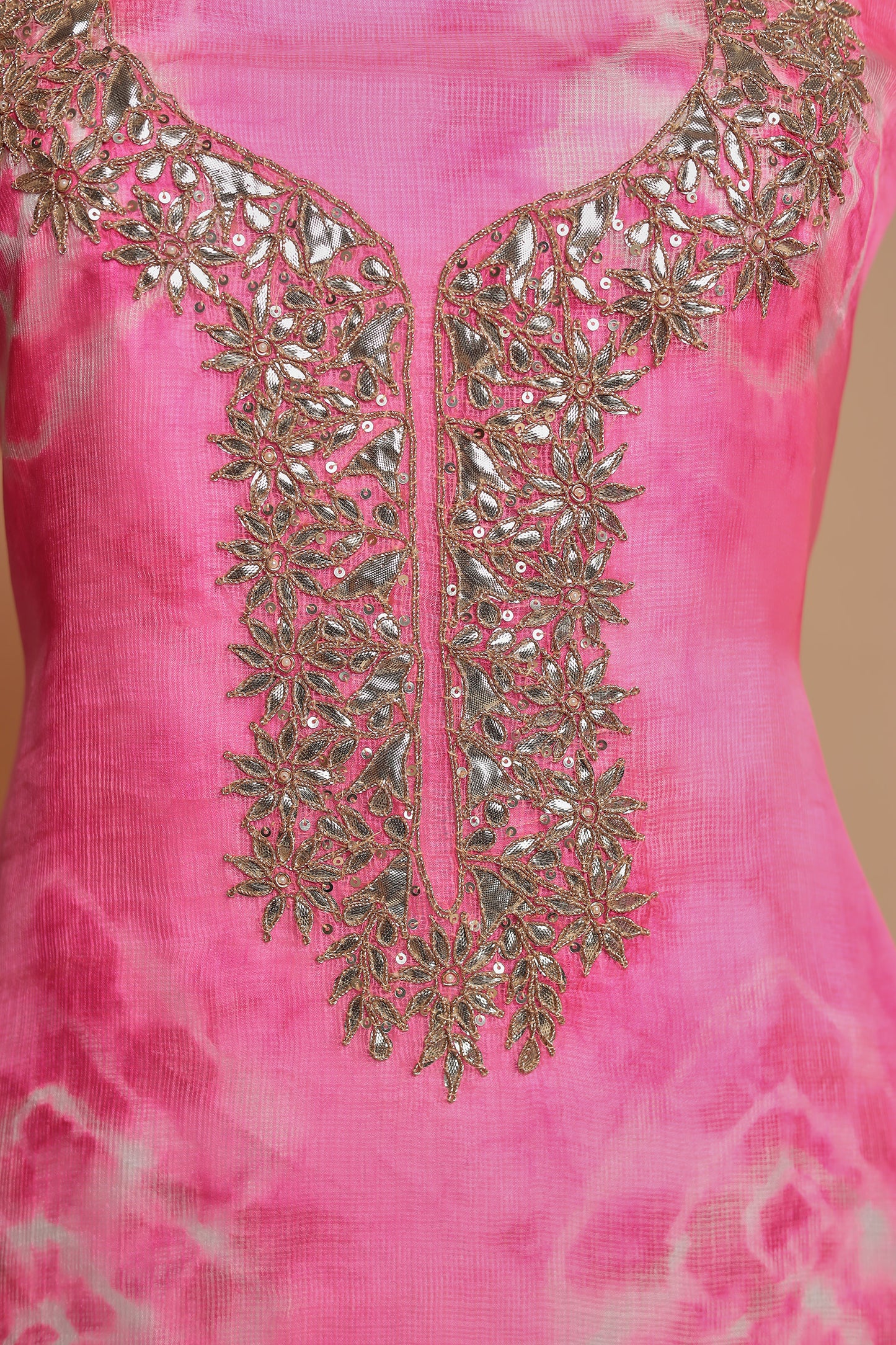 Light Pink Silk Blend suit with an Embroidered Neck and Organza Dupatta