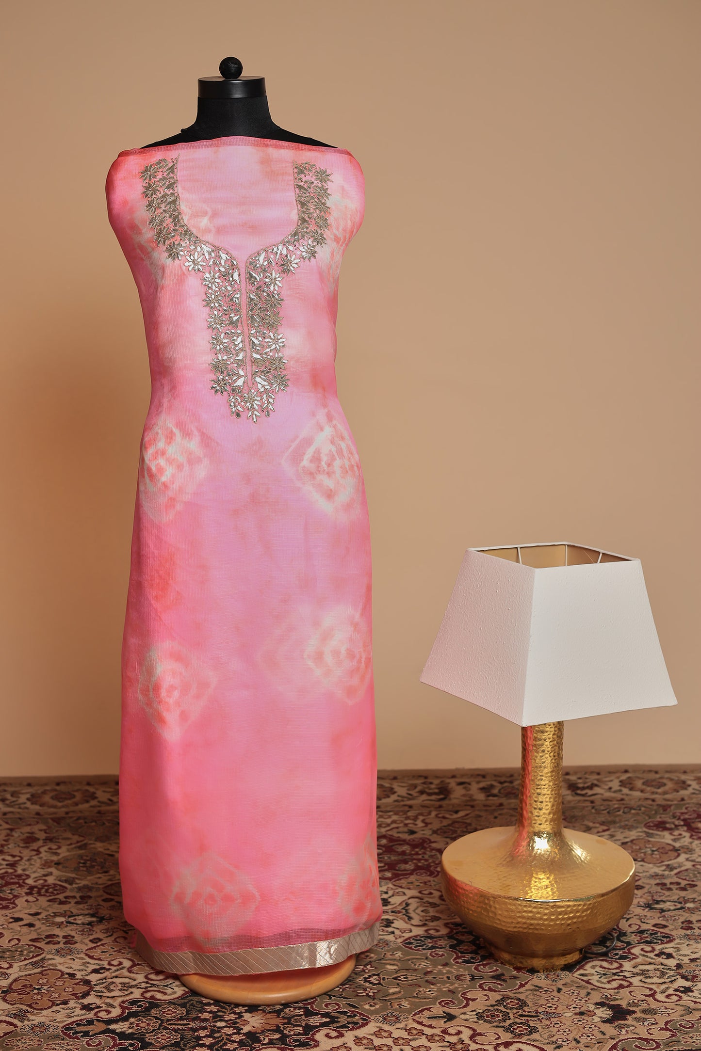 Pink Modal Silk Unstitched Suit Set with Shibori Print & Heavy Zari Work Dupatta