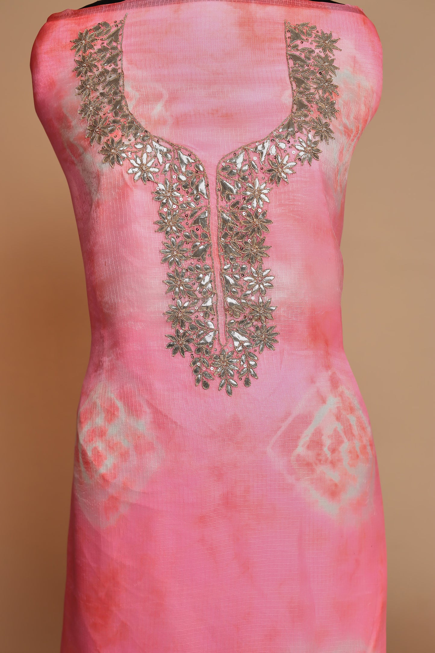 Pink Modal Silk Unstitched Suit Set with Shibori Print & Heavy Zari Work Dupatta