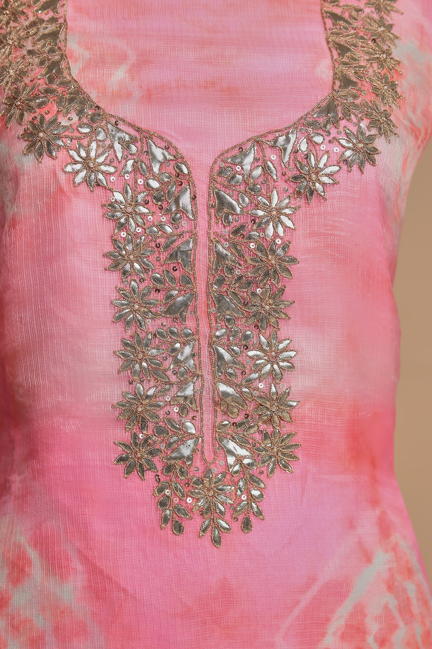 Pink Modal Silk Unstitched Suit Set with Shibori Print & Heavy Zari Work Dupatta