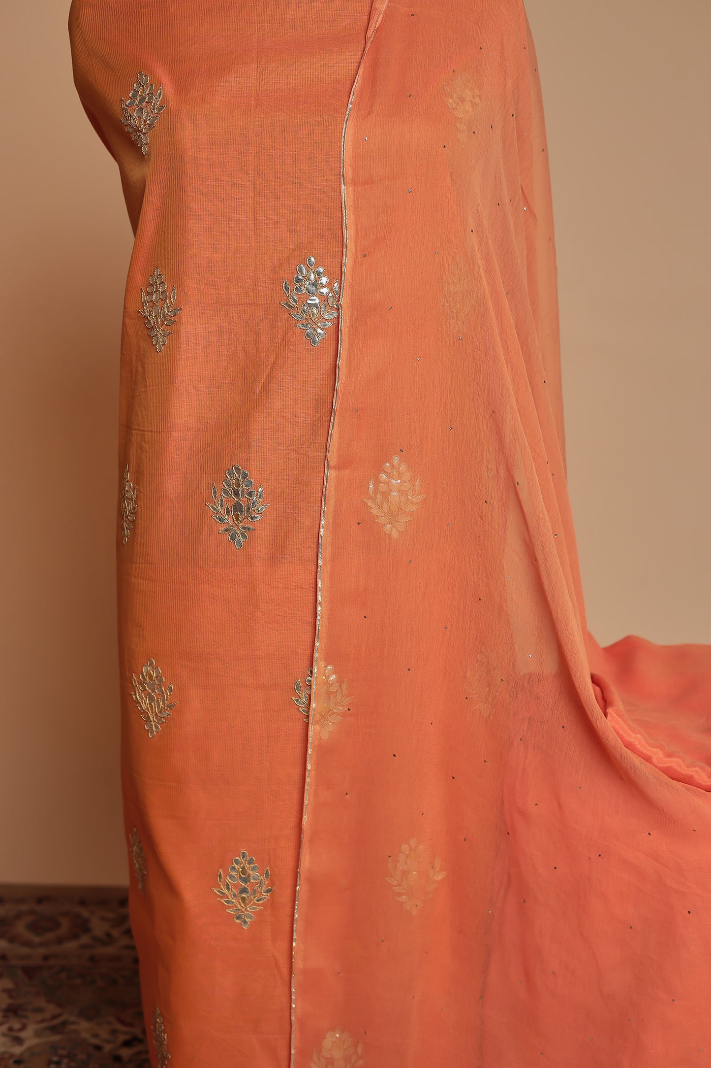 Vibrant Peach Orange Unstitched Cotton Silk Suit with Scattered Motif Work
