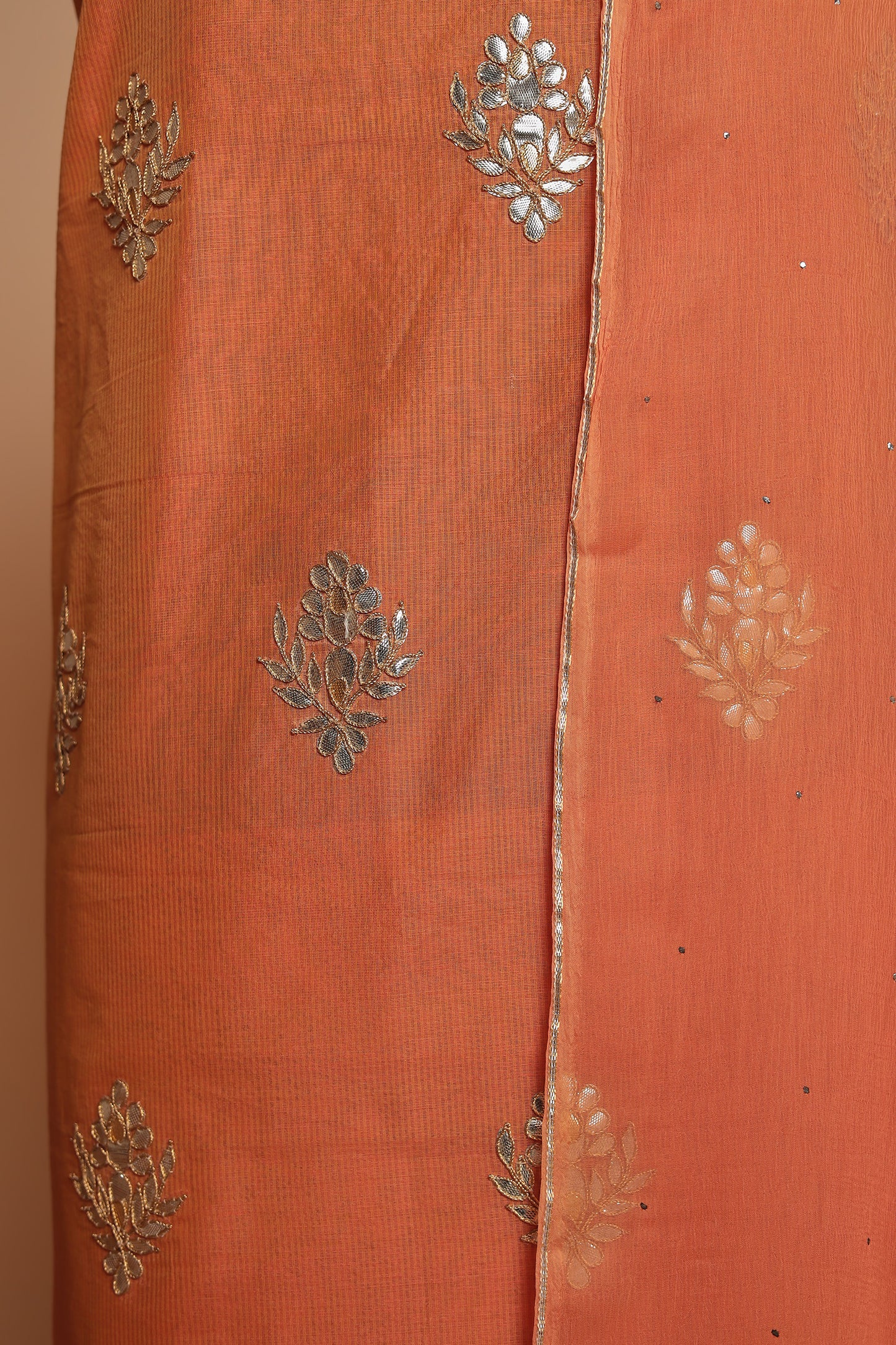 Vibrant Peach Orange Unstitched Cotton Silk Suit with Scattered Motif Work