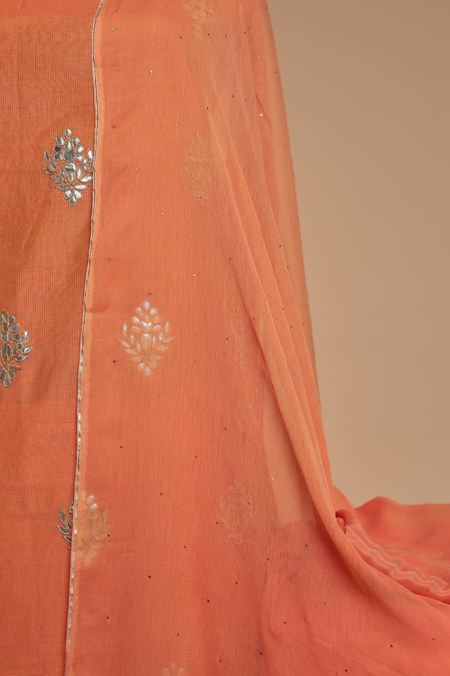 Vibrant Peach Orange Unstitched Cotton Silk Suit with Scattered Motif Work