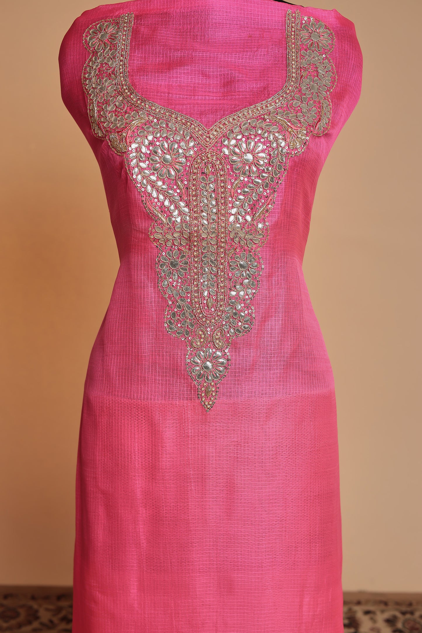 Deep Pink Modal Silk Unstitched Suit Set with Heavy Sequin Embroidery & Shibori Dupatta