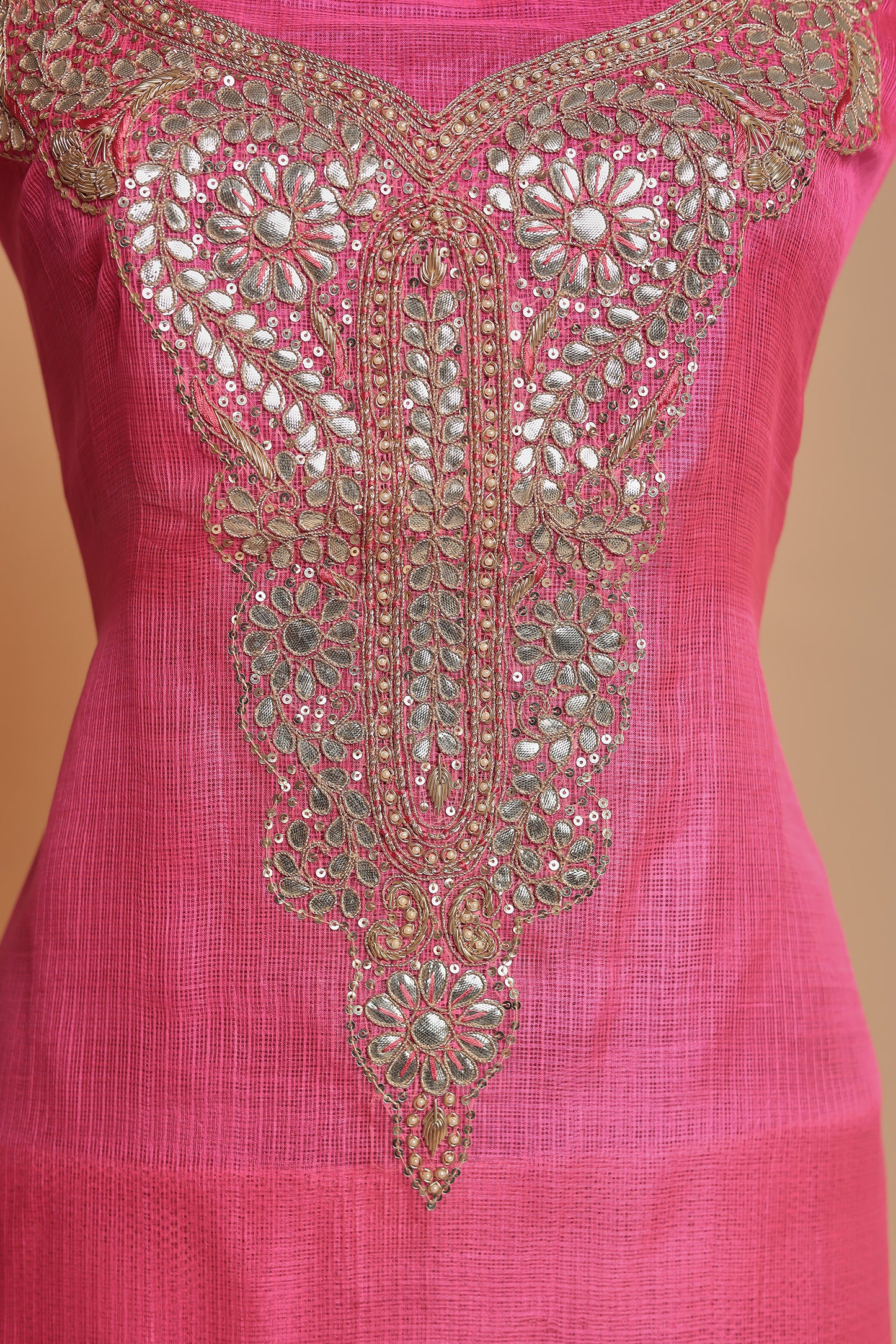 Deep Pink Modal Silk Unstitched Suit Set with Heavy Sequin Embroidery & Shibori Dupatta