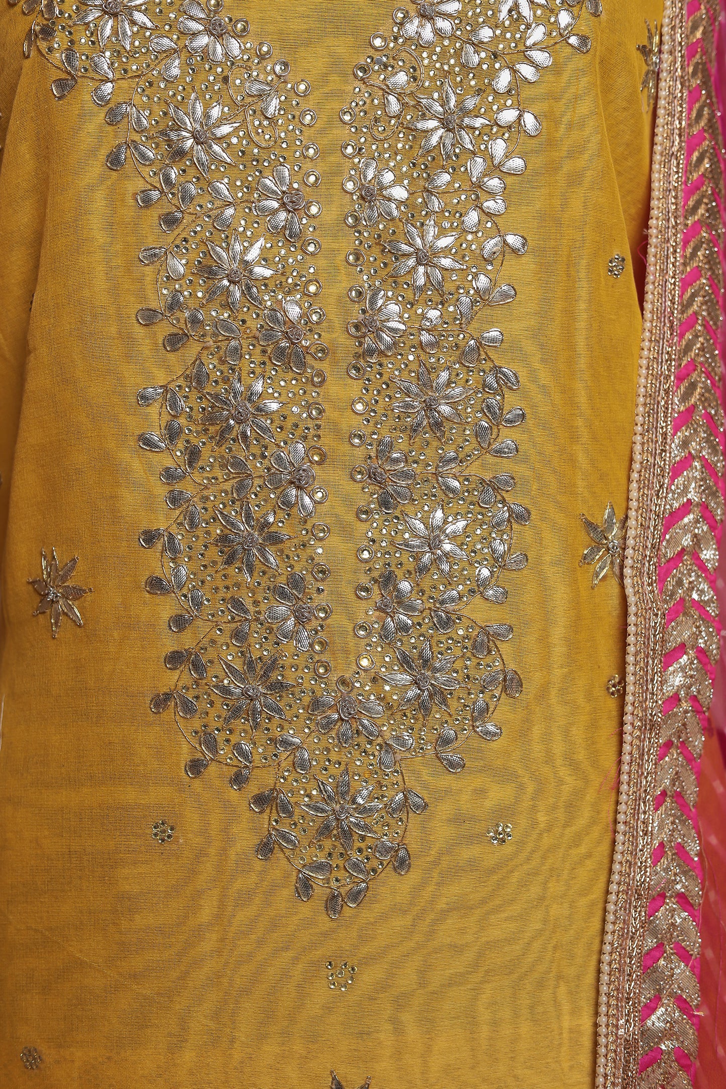 Vibrant Yellow Unstitched Suit with Heavy Silver Zari Work and Contrast Pink Dupatta