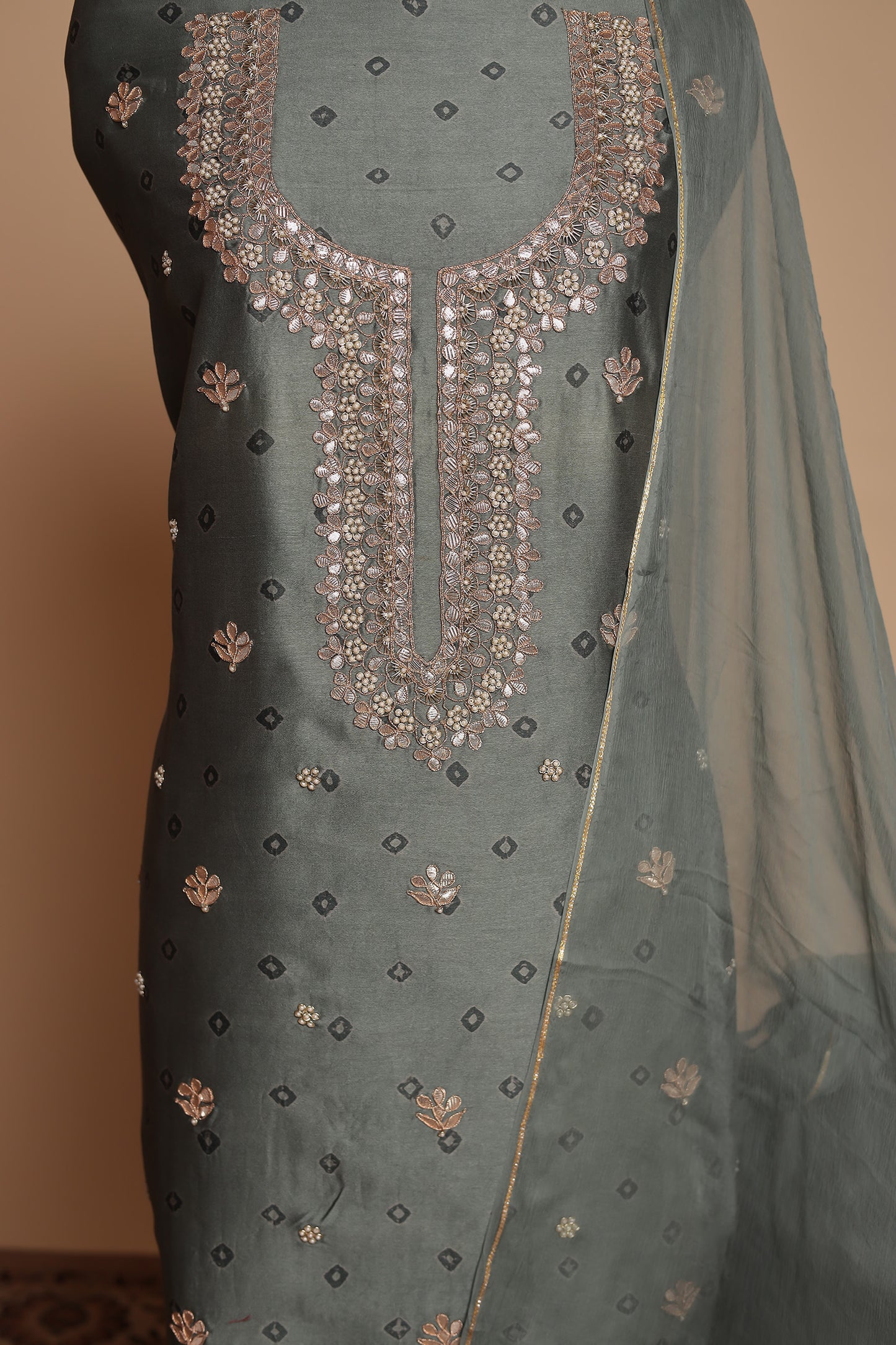Elegant Grey Silk Unstitched Suit with Heavy Neckline and Mirror Work