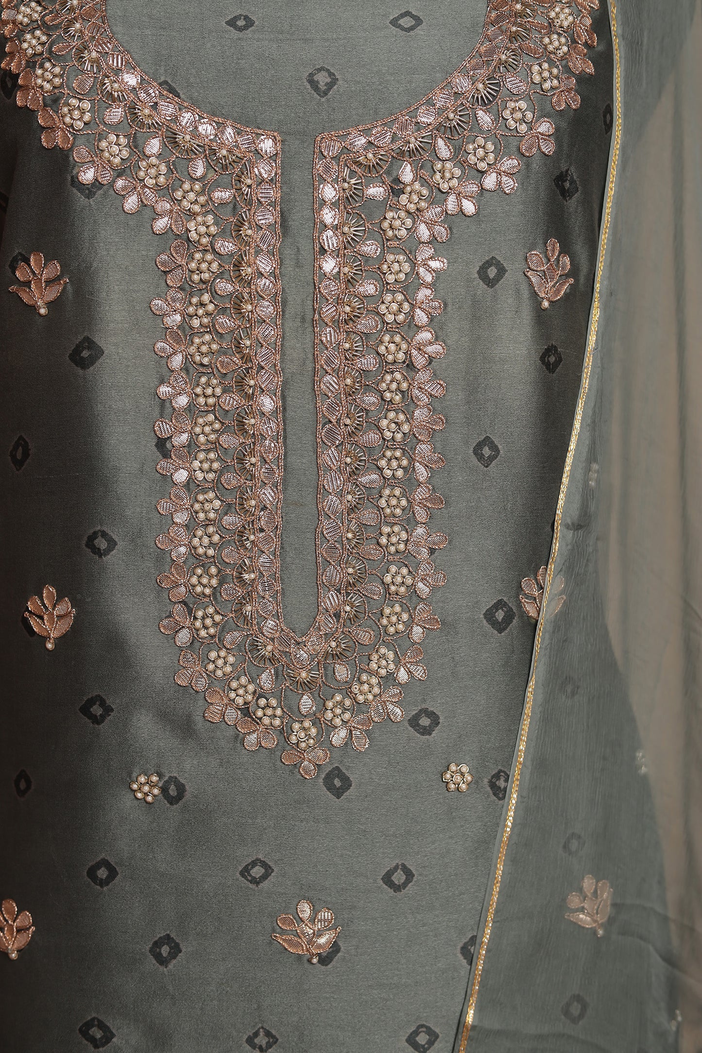 Elegant Grey Silk Unstitched Suit with Heavy Neckline and Mirror Work