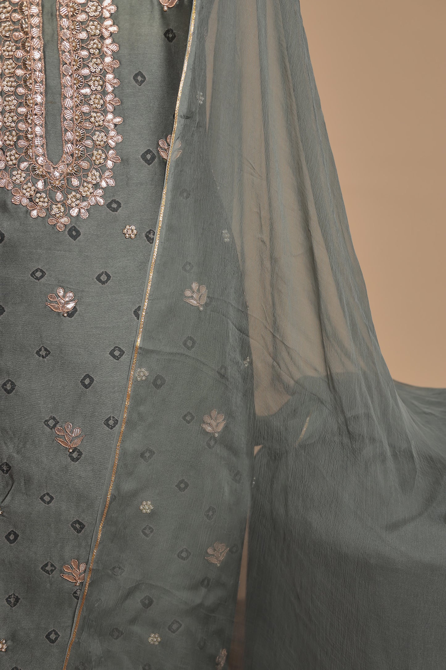 Elegant Grey Silk Unstitched Suit with Heavy Neckline and Mirror Work
