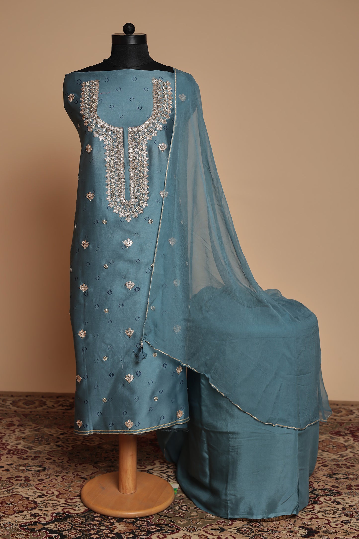 Teal Blue Pure Silk Unstitched Suit with Heavy Neckline & Foil Mirror Work