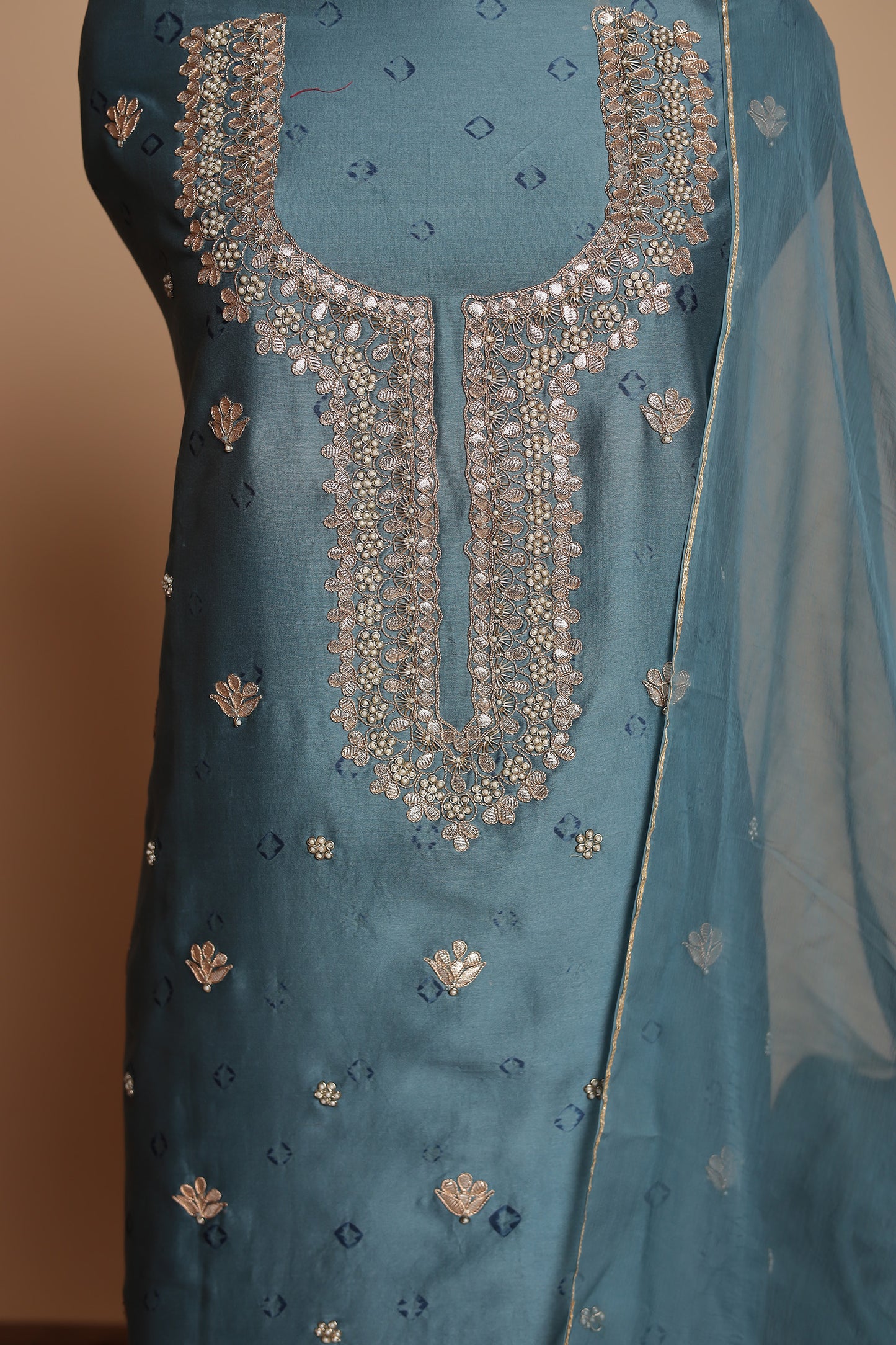 Teal Blue Pure Silk Unstitched Suit with Heavy Neckline & Foil Mirror Work