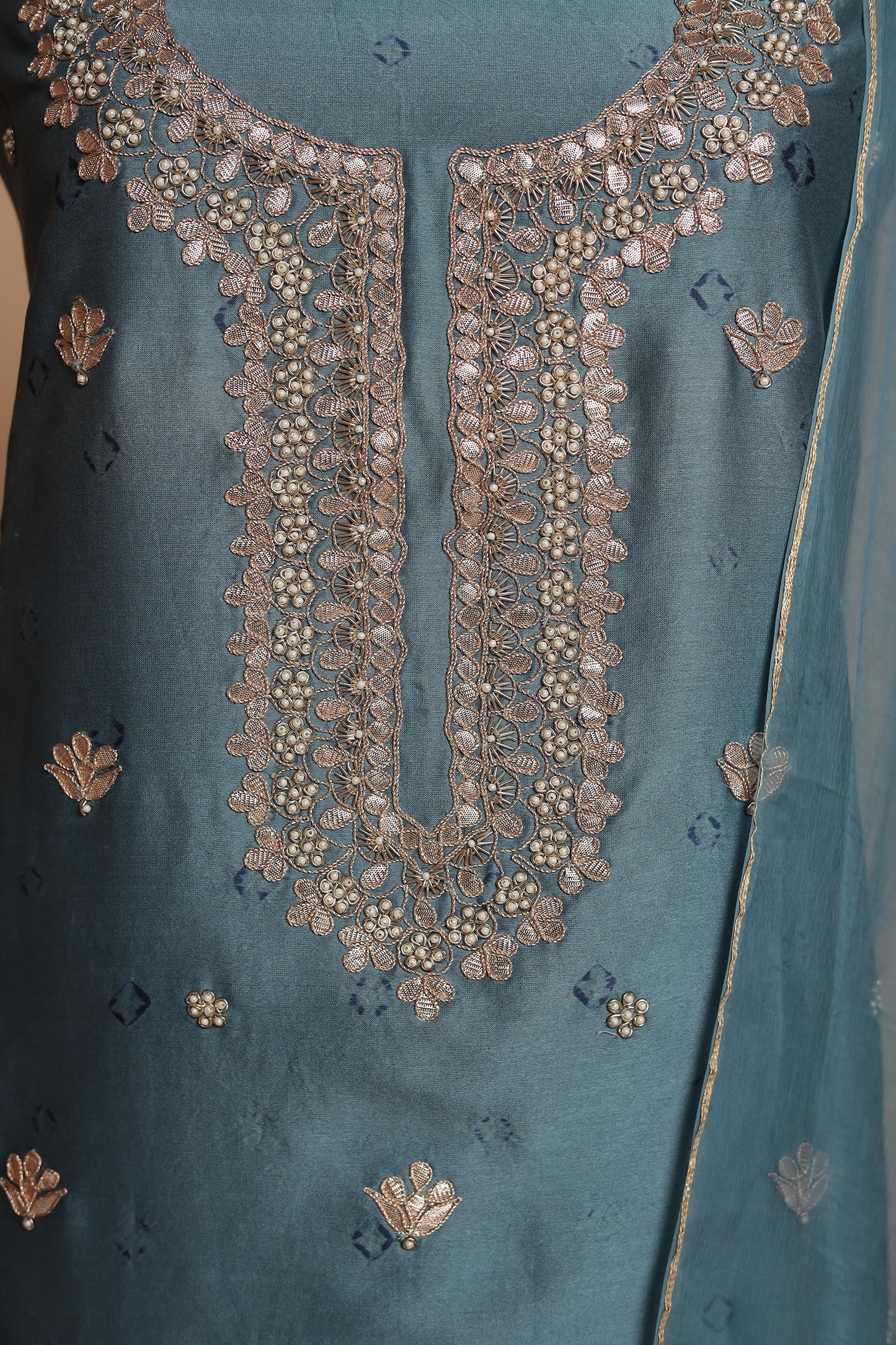Teal Blue Pure Silk Unstitched Suit with Heavy Neckline & Foil Mirror Work
