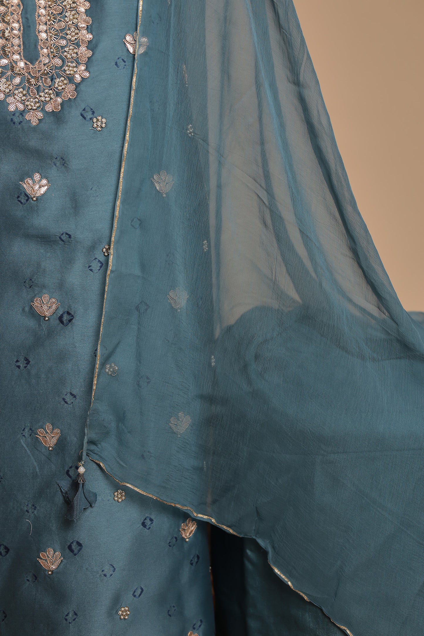 Teal Blue Pure Silk Unstitched Suit with Heavy Neckline & Foil Mirror Work