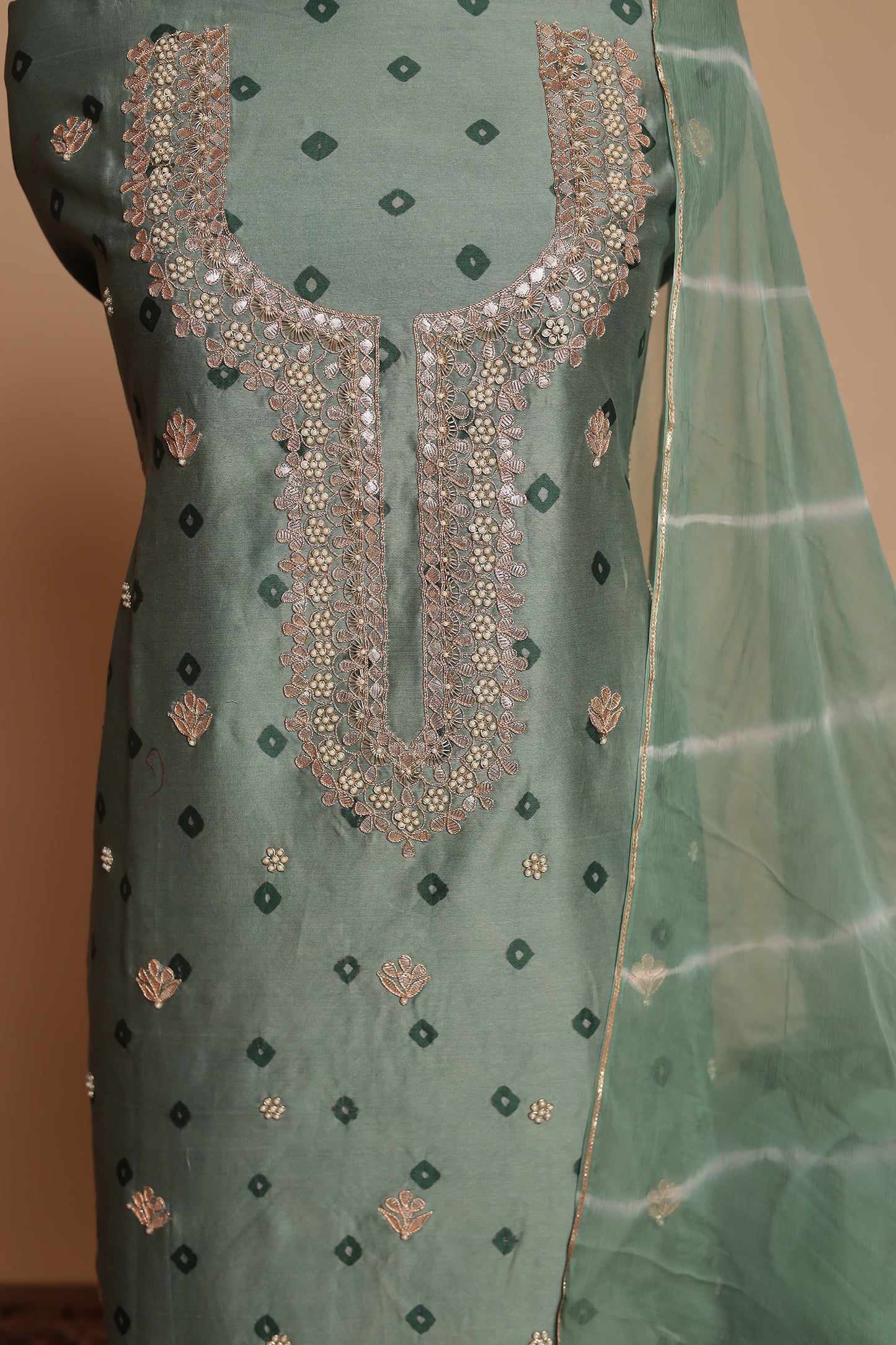 Sage Green Pure Silk Unstitched Suit with Heavy Neckline Work