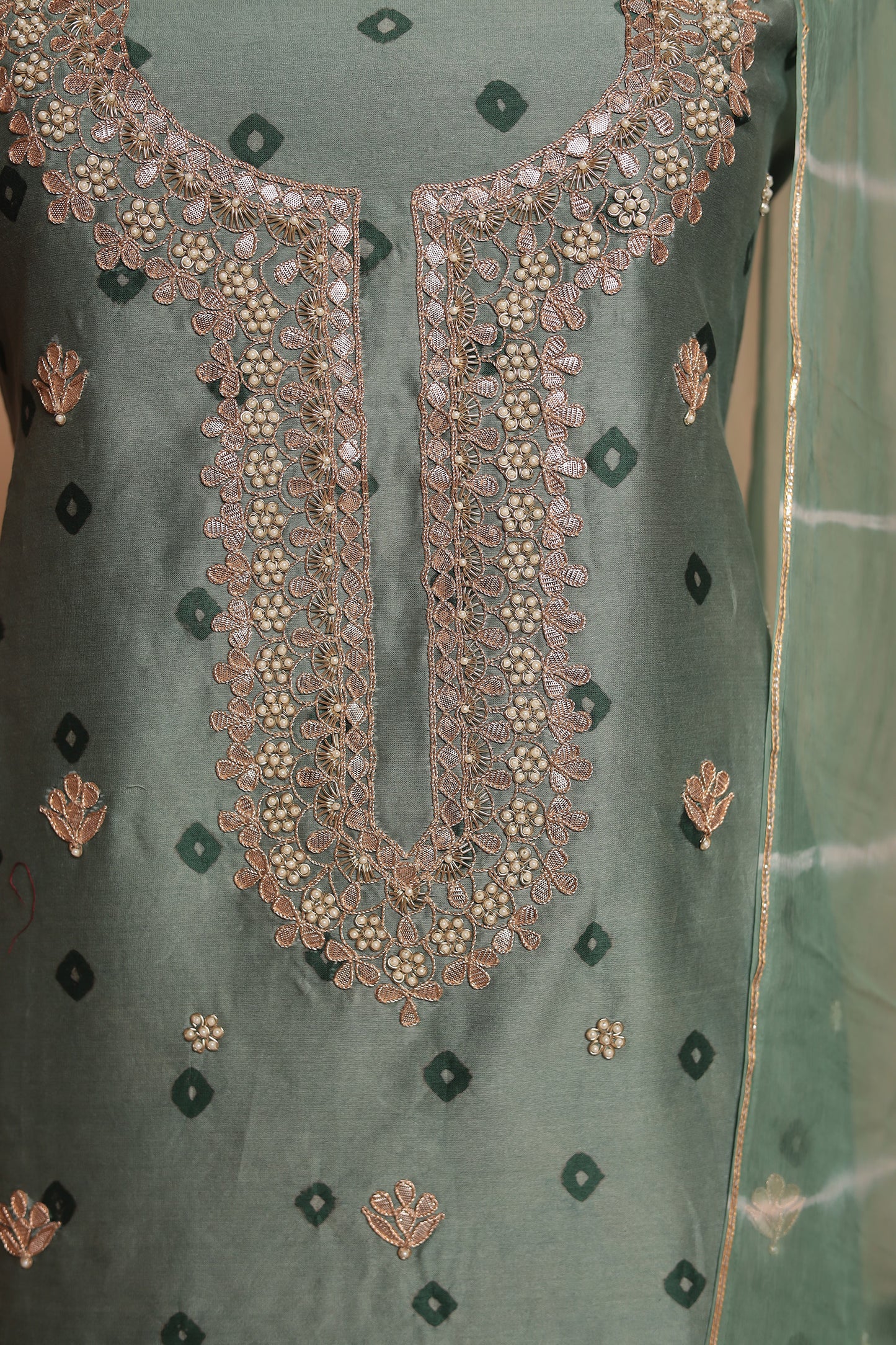 Sage Green Pure Silk Unstitched Suit with Heavy Neckline Work