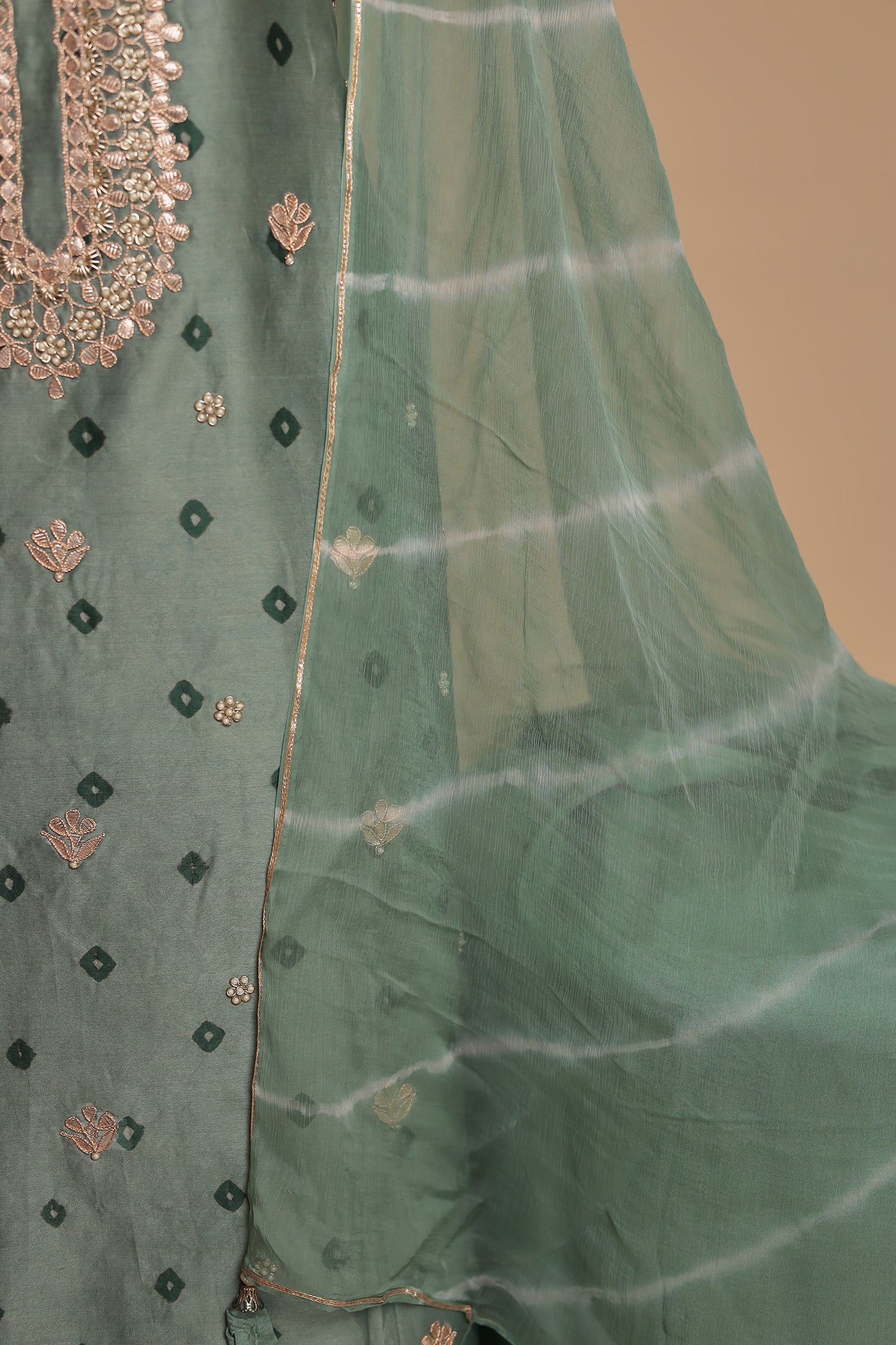 Sage Green Pure Silk Unstitched Suit with Heavy Neckline Work