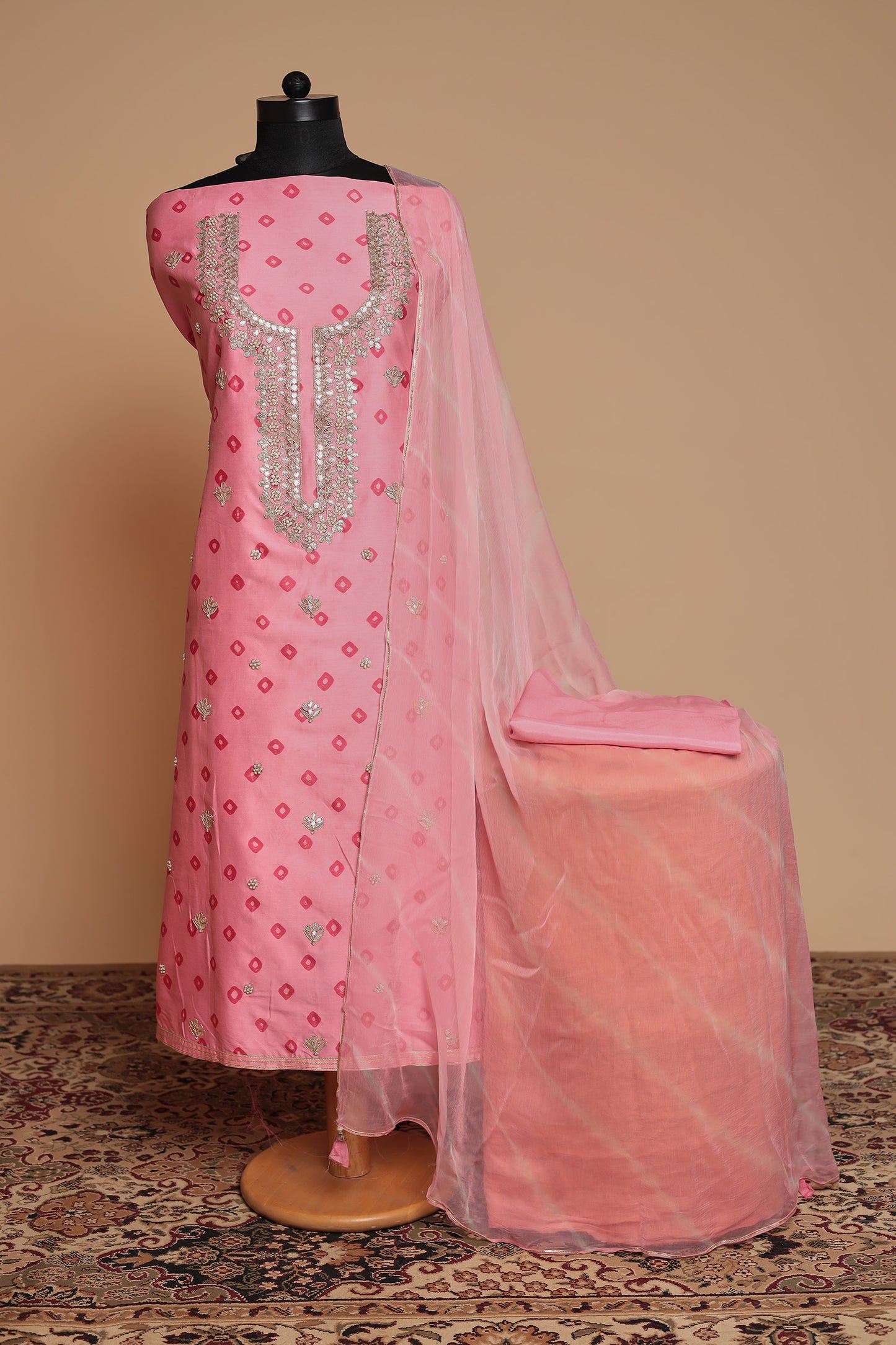 Light Pink Pure Silk Unstitched Suit Set with Heavy Mirror Work Neckline