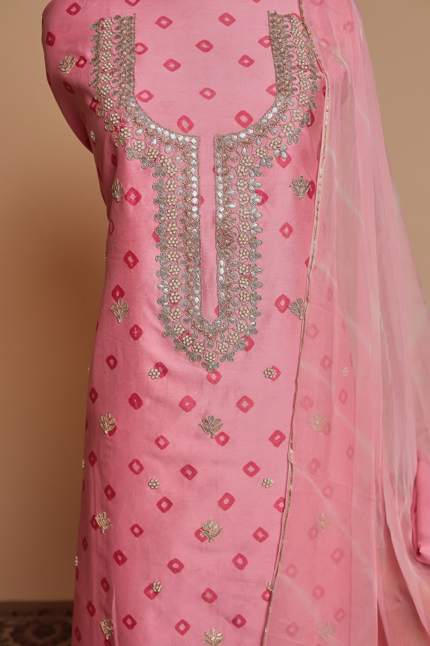 Light Pink Pure Silk Unstitched Suit Set with Heavy Mirror Work Neckline