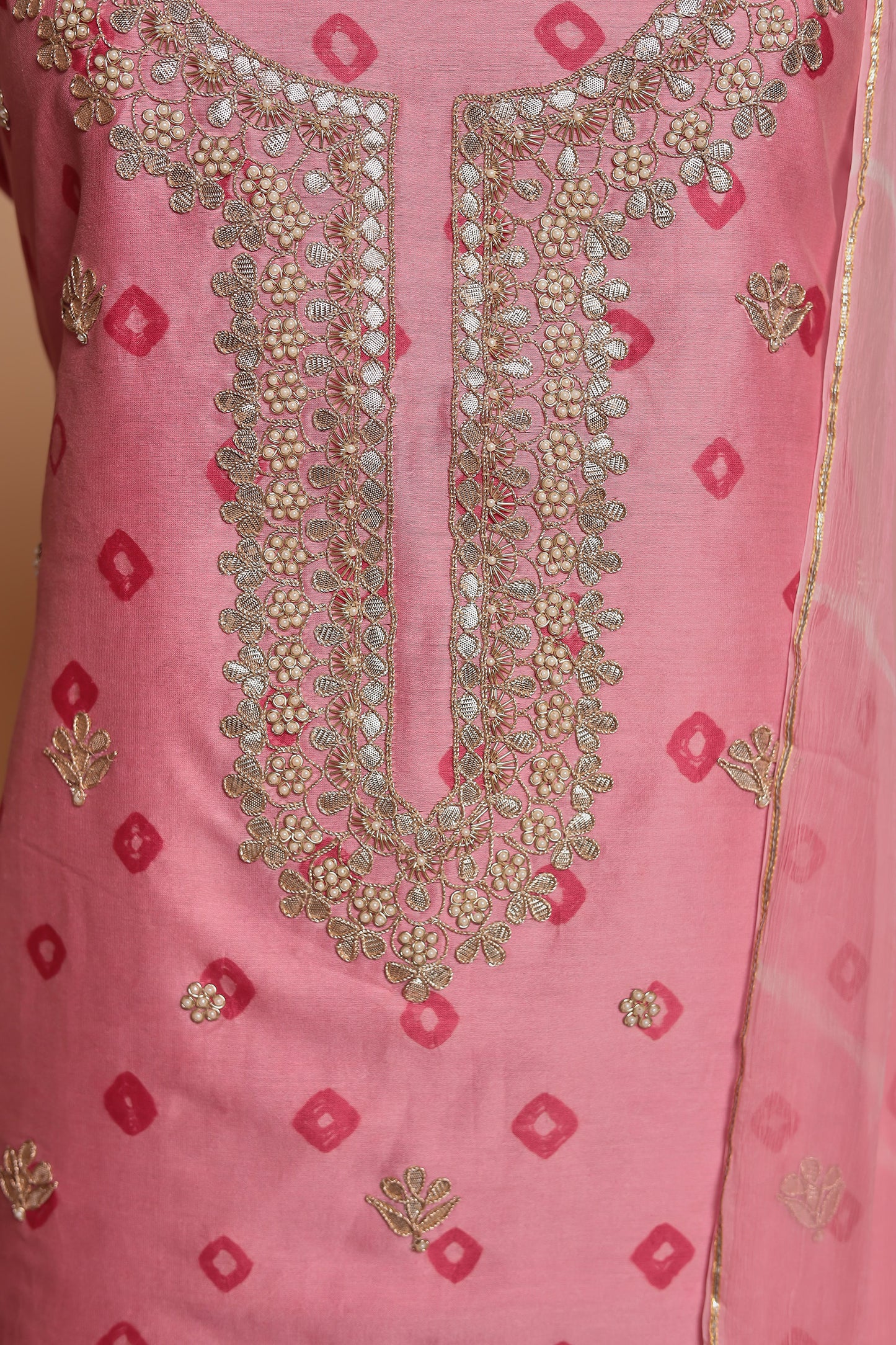Light Pink Pure Silk Unstitched Suit Set with Heavy Mirror Work Neckline