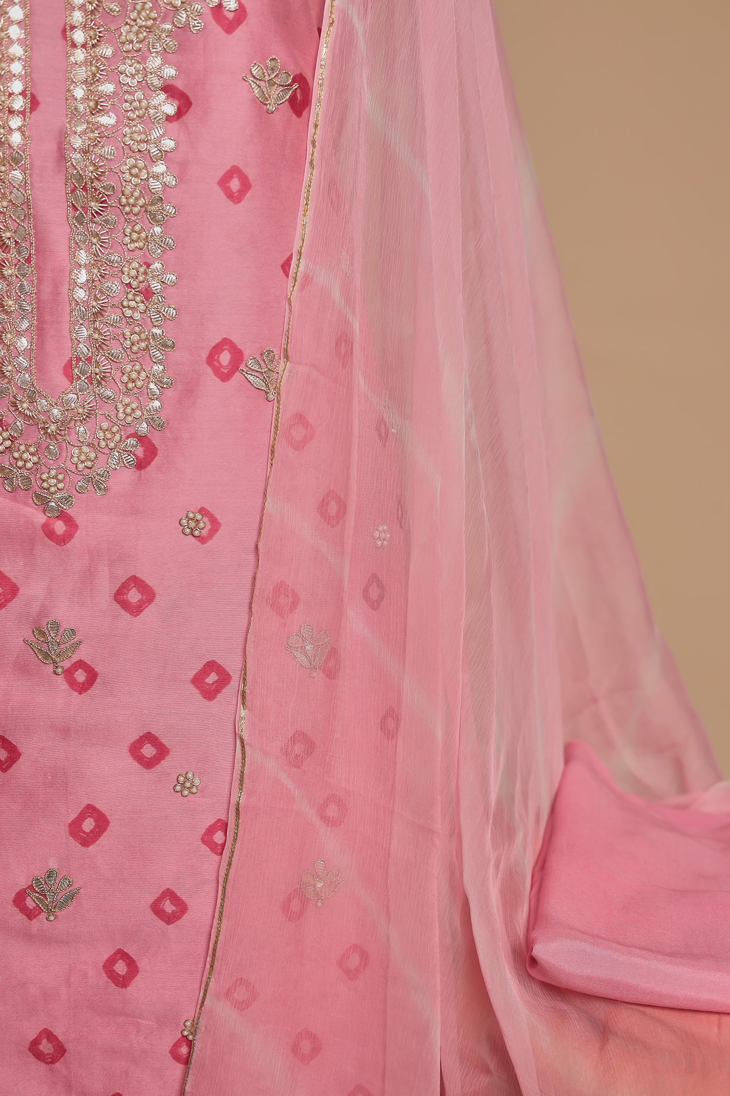 Light Pink Pure Silk Unstitched Suit Set with Heavy Mirror Work Neckline