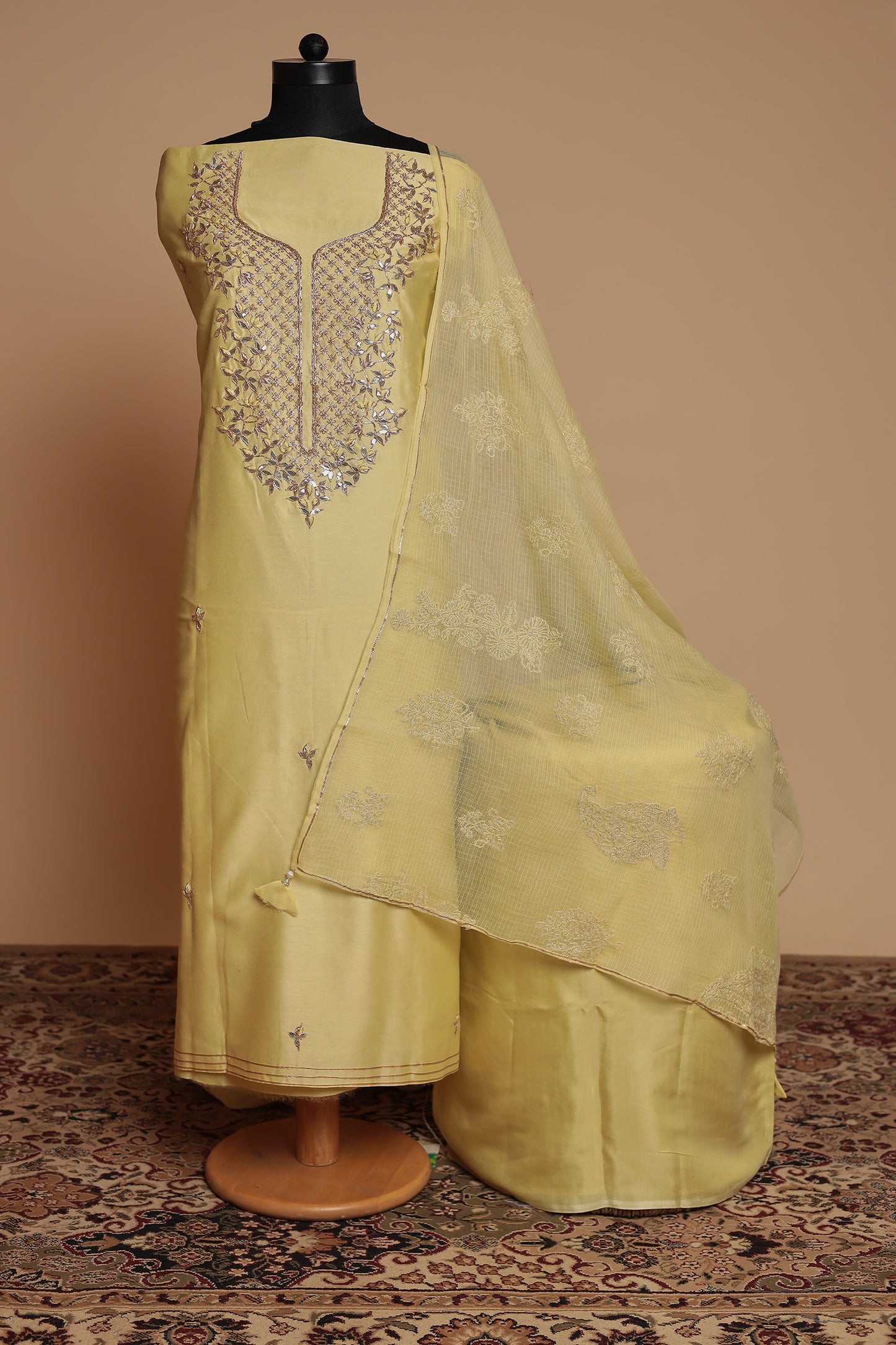 Elegant Sage Green Pure Silk Unstitched Suit with Heavy Zari Work Neckline