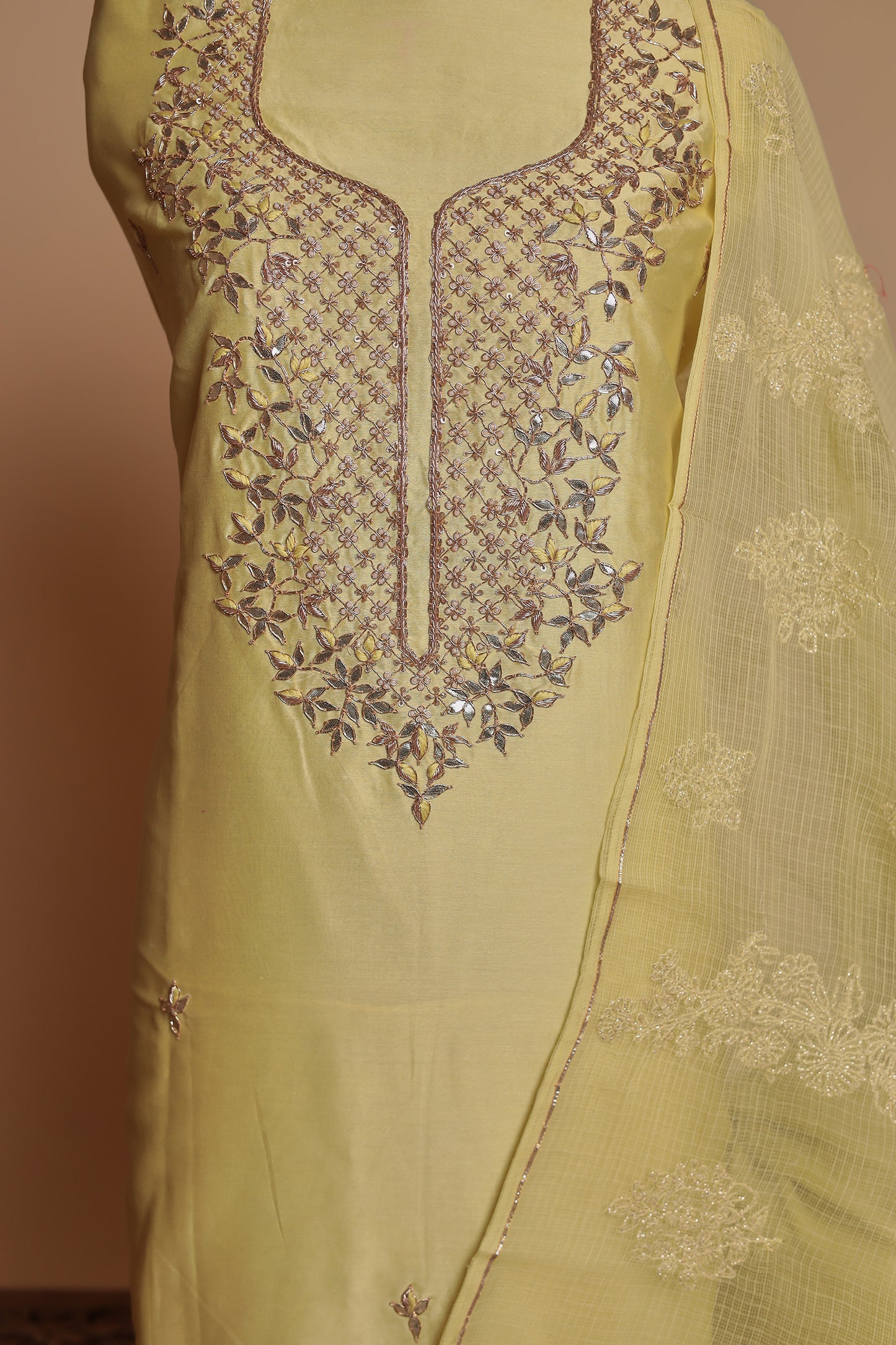Elegant Sage Green Pure Silk Unstitched Suit with Heavy Zari Work Neckline